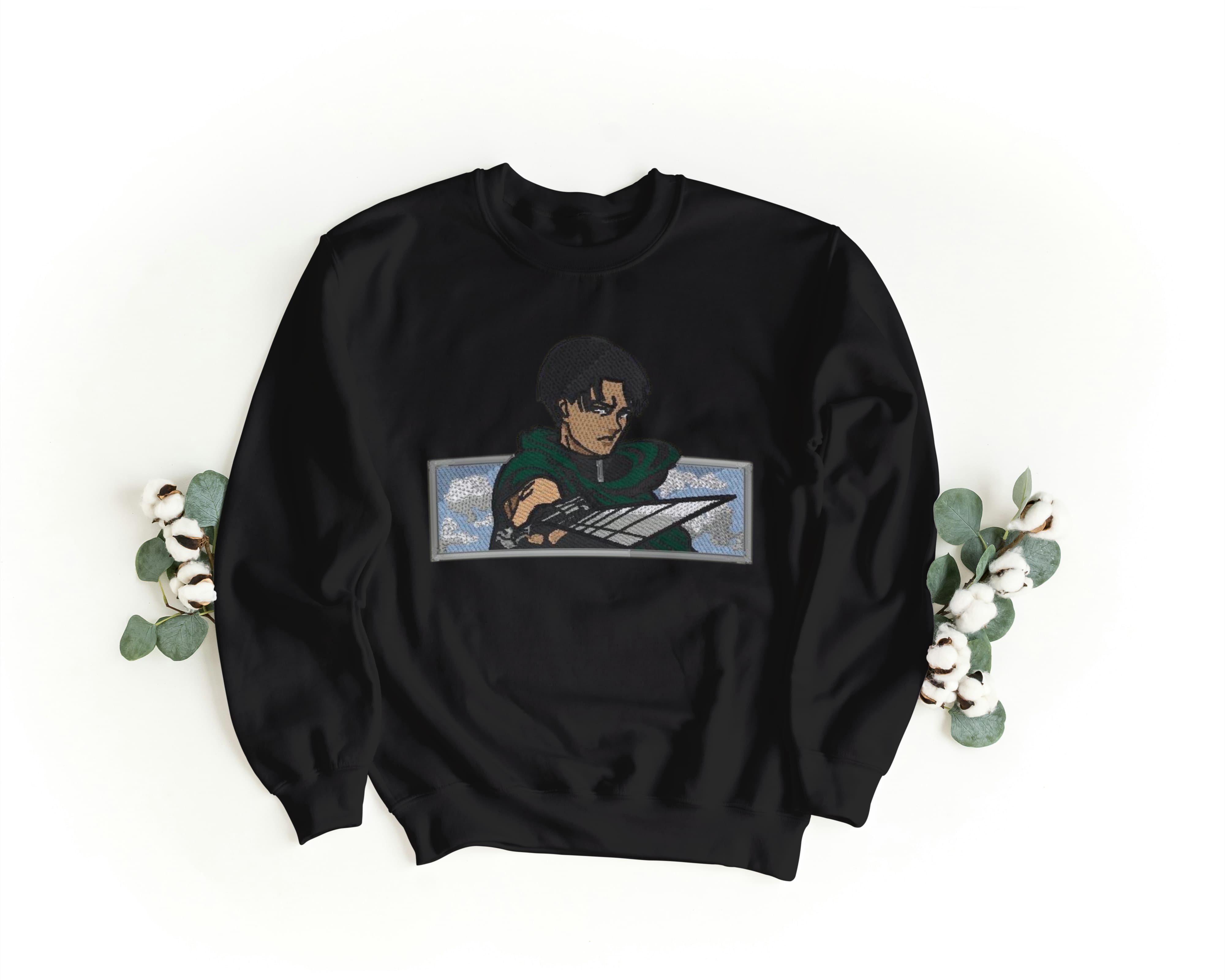 Felpa Ricamata Unisex a Girocollo – Morbida e Confortevole – Design Levi attack of titans-Biiply