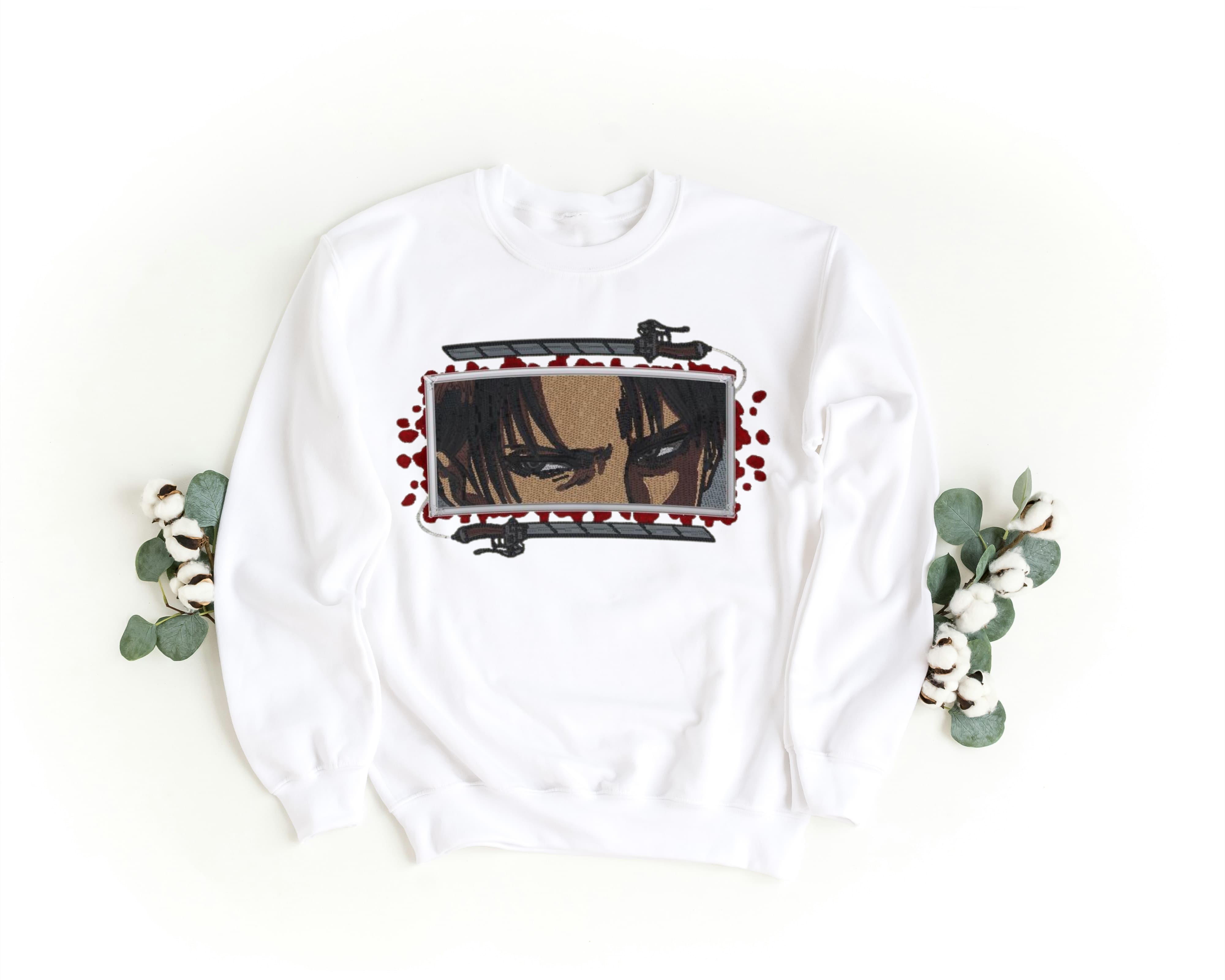 Felpa Ricamata Unisex a Girocollo – Morbida e Confortevole – Design Levi eyes Attack Off Titans-Biiply