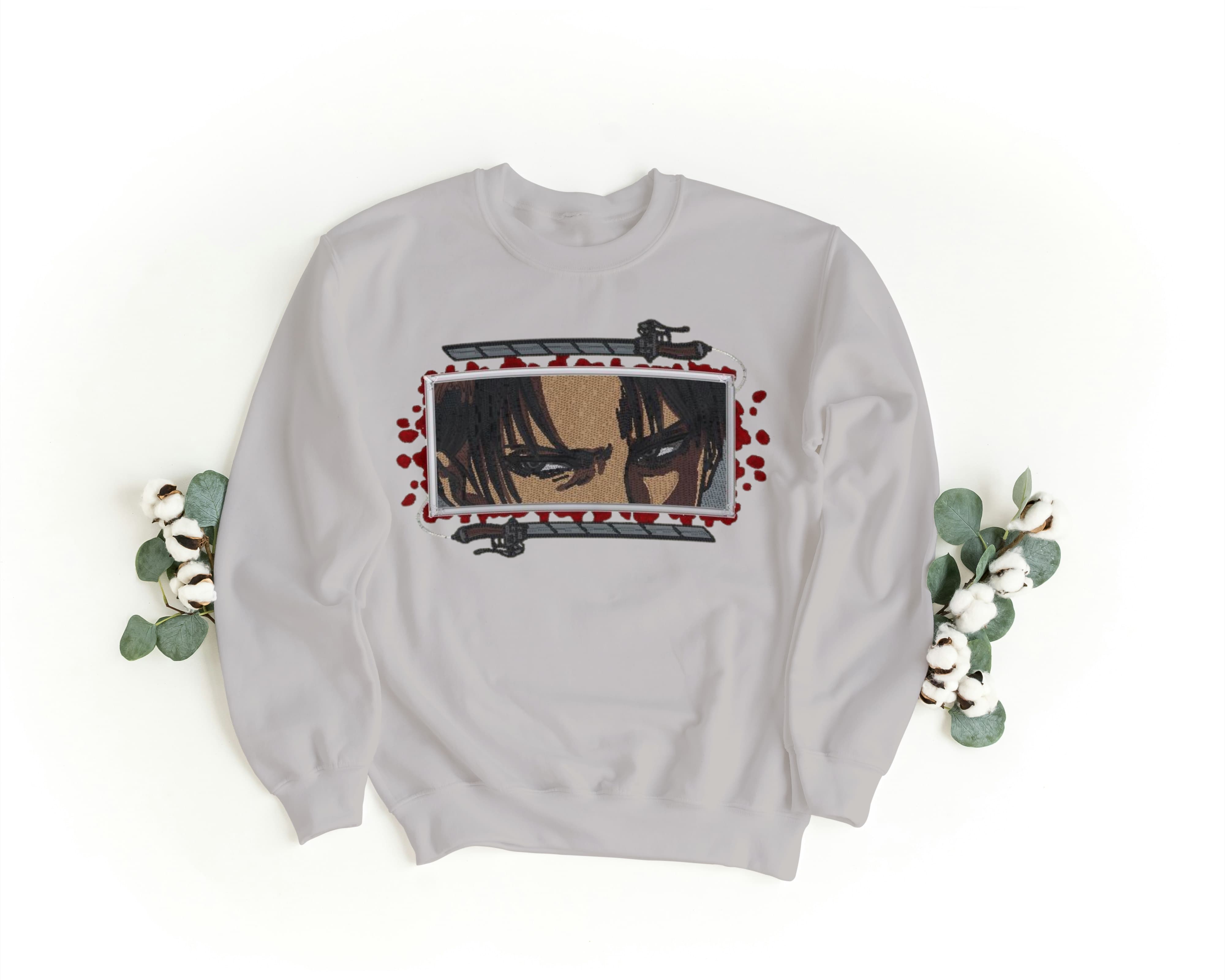 Felpa Ricamata Unisex a Girocollo – Morbida e Confortevole – Design Levi eyes Attack Off Titans-Biiply