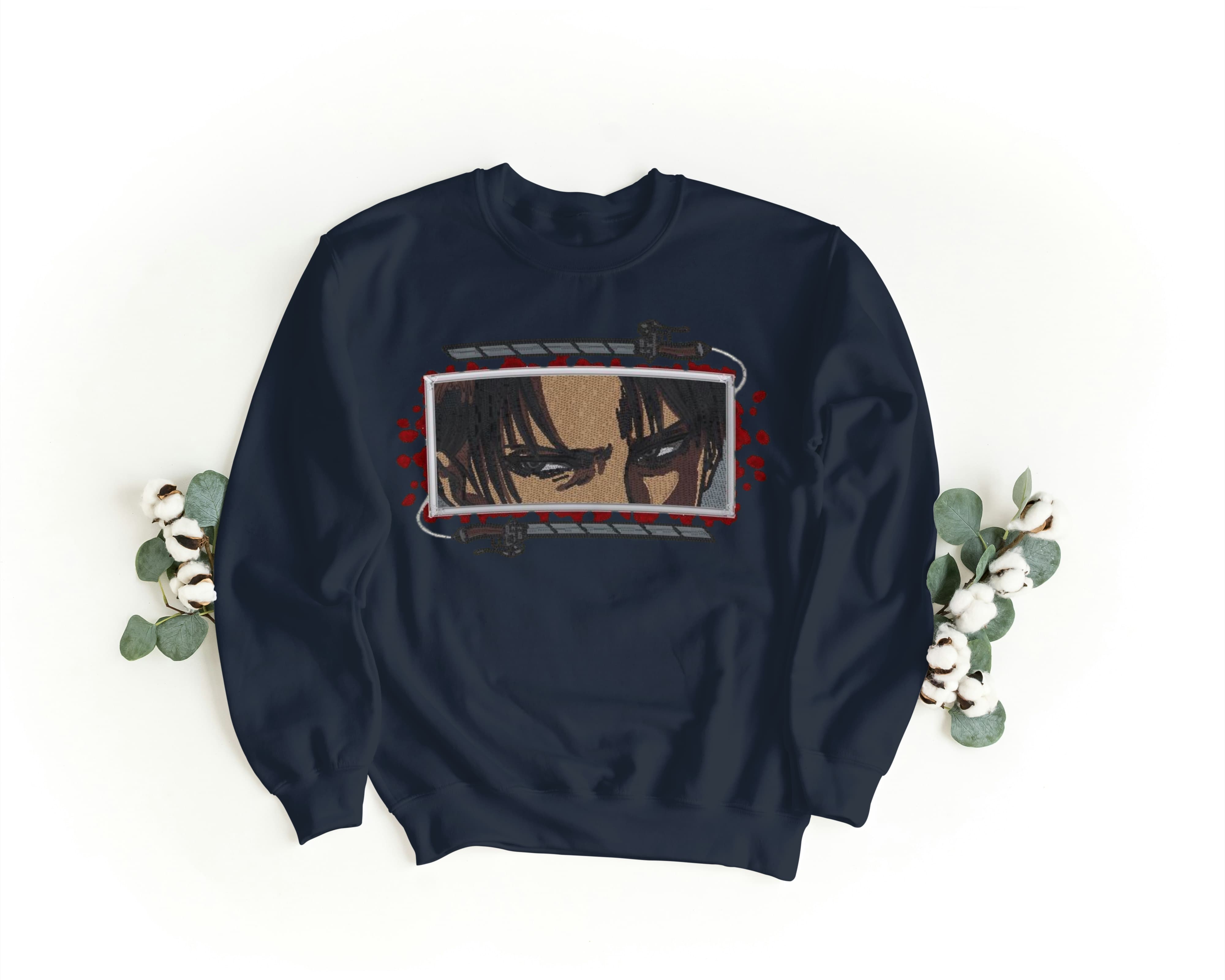 Felpa Ricamata Unisex a Girocollo – Morbida e Confortevole – Design Levi eyes Attack Off Titans-Biiply