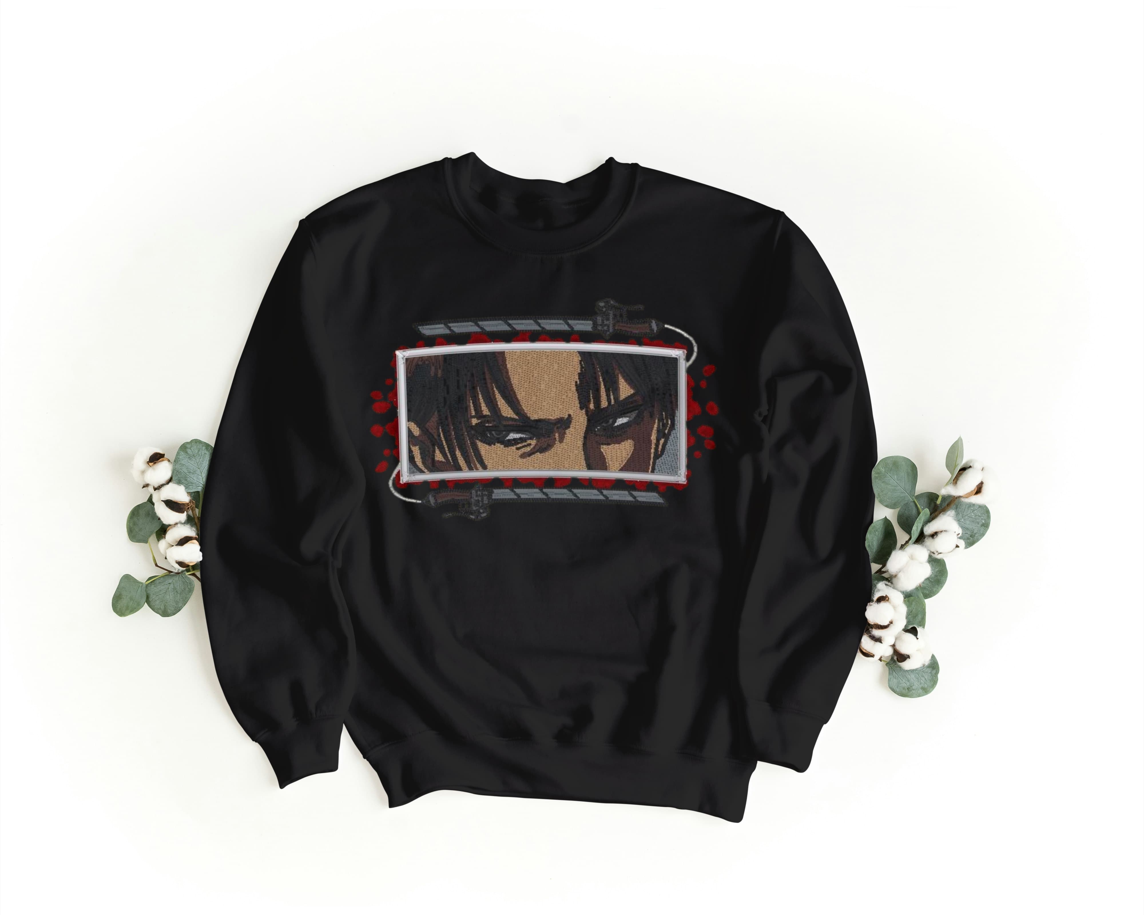 Felpa Ricamata Unisex a Girocollo – Morbida e Confortevole – Design Levi eyes Attack Off Titans-Biiply