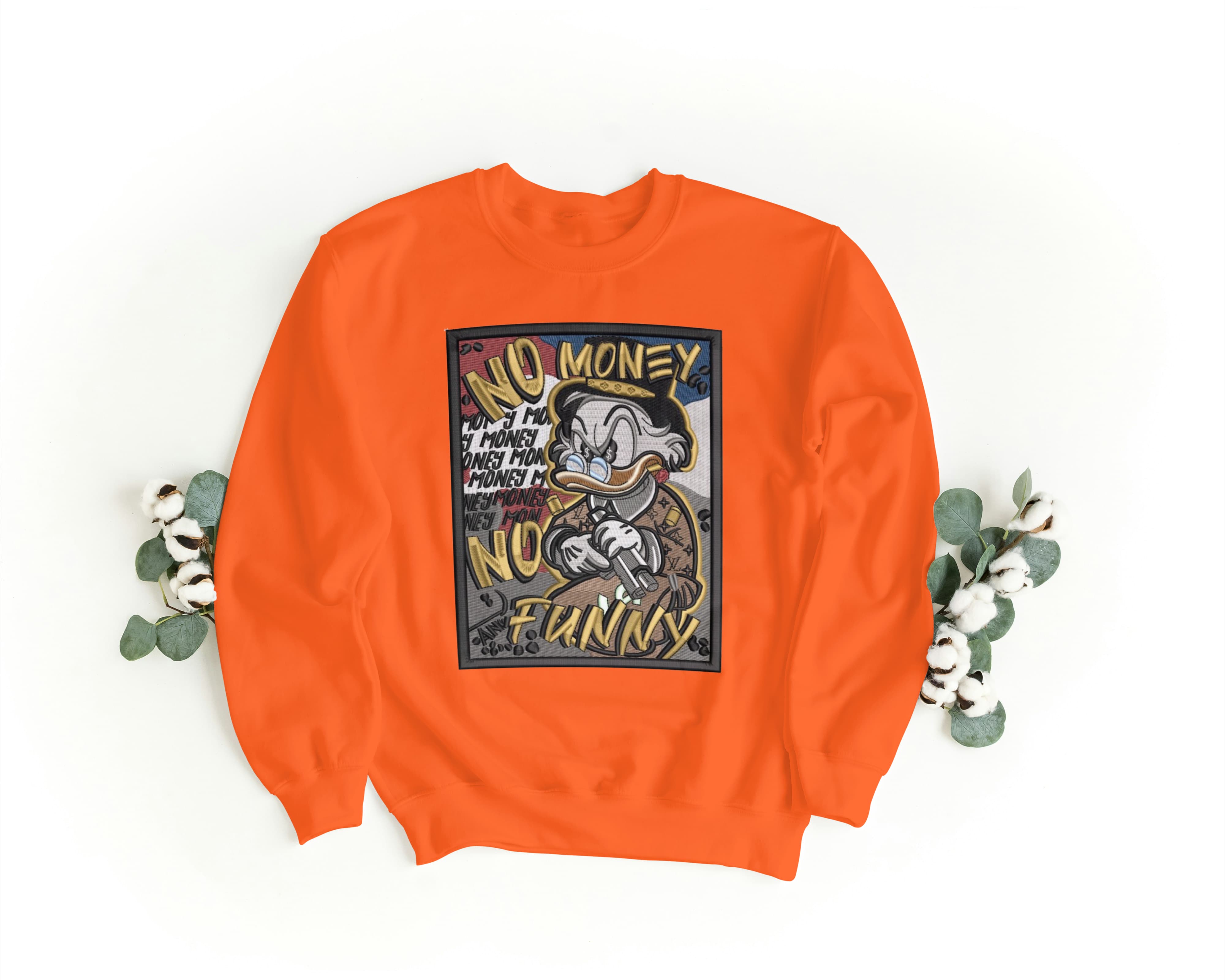 Felpa Ricamata Unisex a Girocollo – Morbida e Confortevole – Design Paperone De Parepone No Money No Funny-Biiply