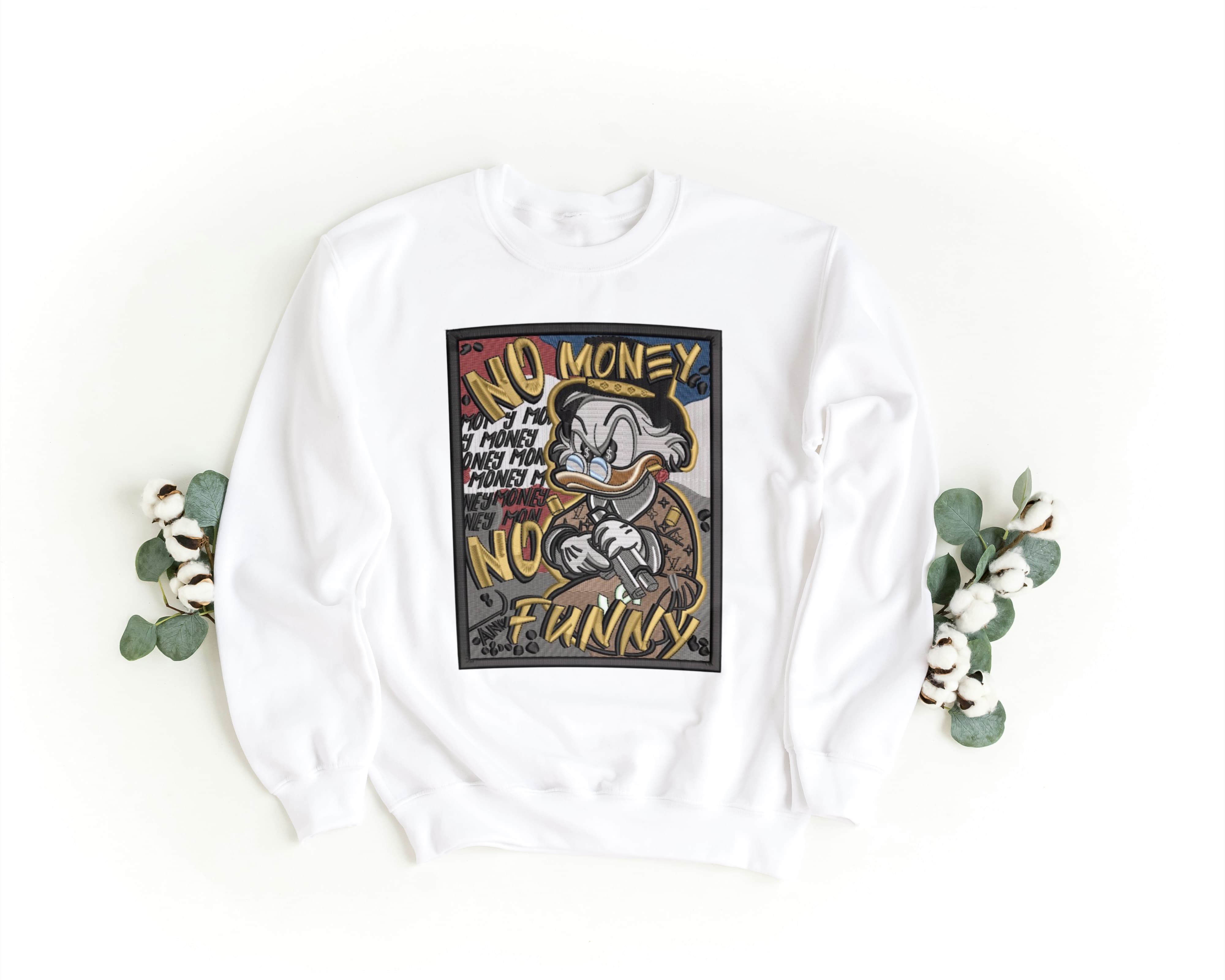 Felpa Ricamata Unisex a Girocollo – Morbida e Confortevole – Design Paperone De Parepone No Money No Funny-Biiply