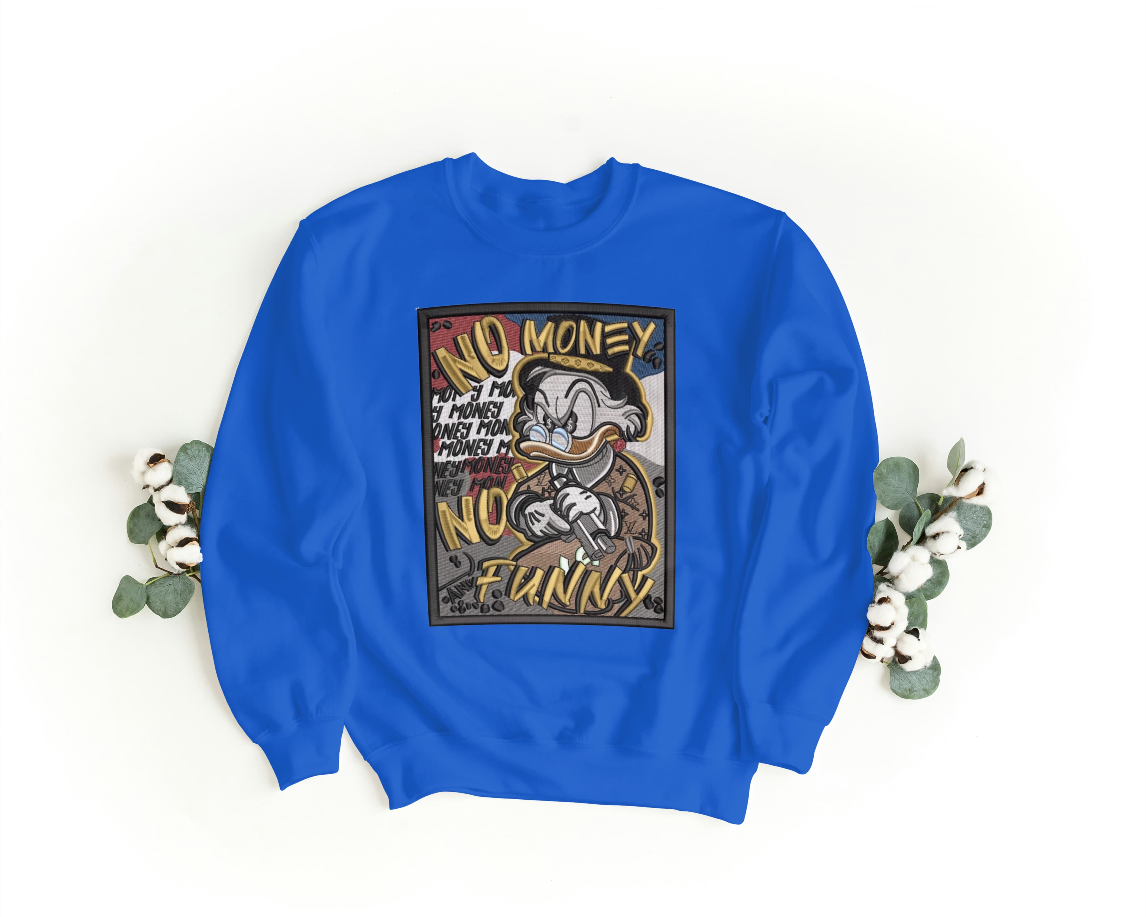 Felpa Ricamata Unisex a Girocollo – Morbida e Confortevole – Design Paperone De Parepone No Money No Funny-Biiply