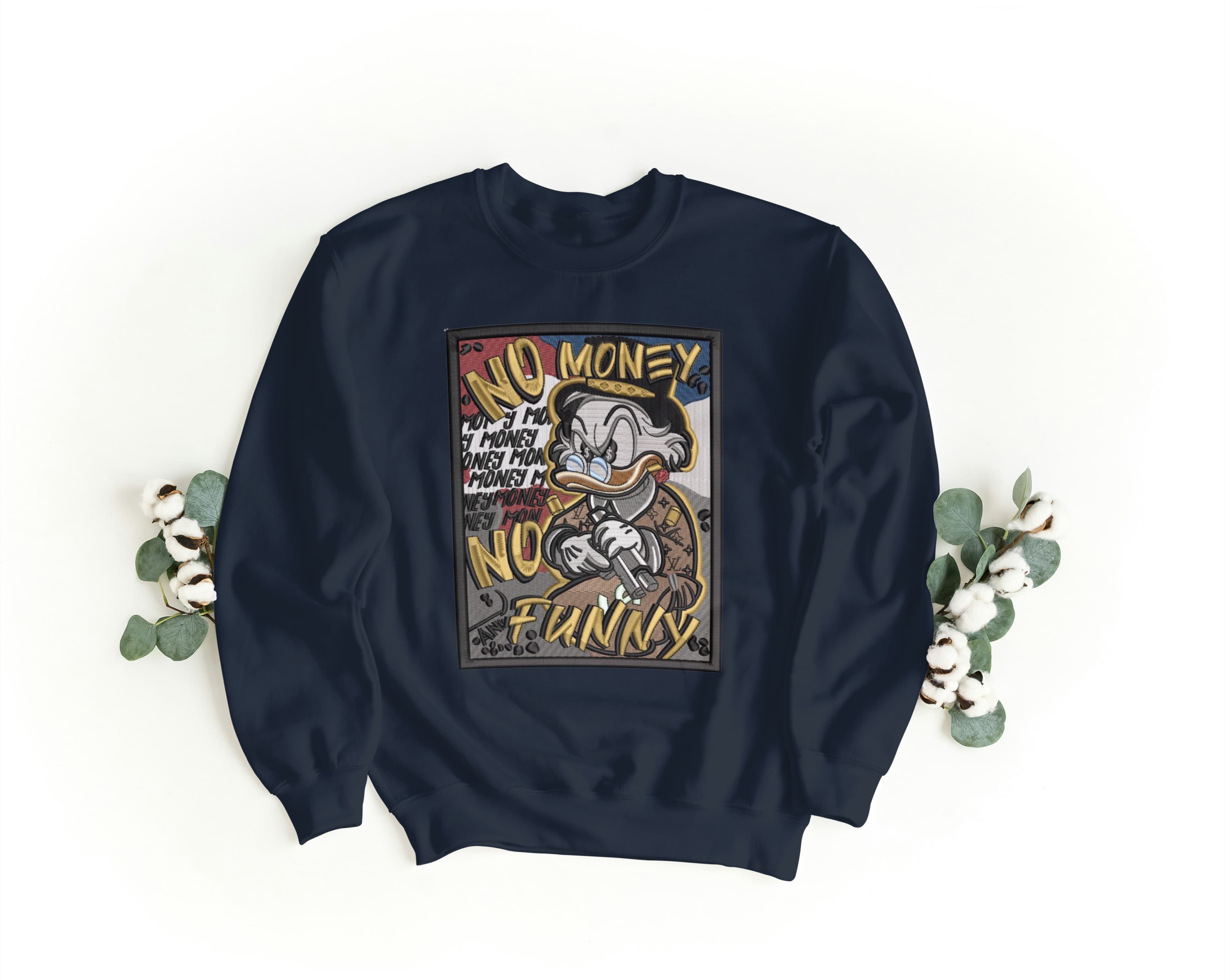 Felpa Ricamata Unisex a Girocollo – Morbida e Confortevole – Design Paperone De Parepone No Money No Funny-Biiply