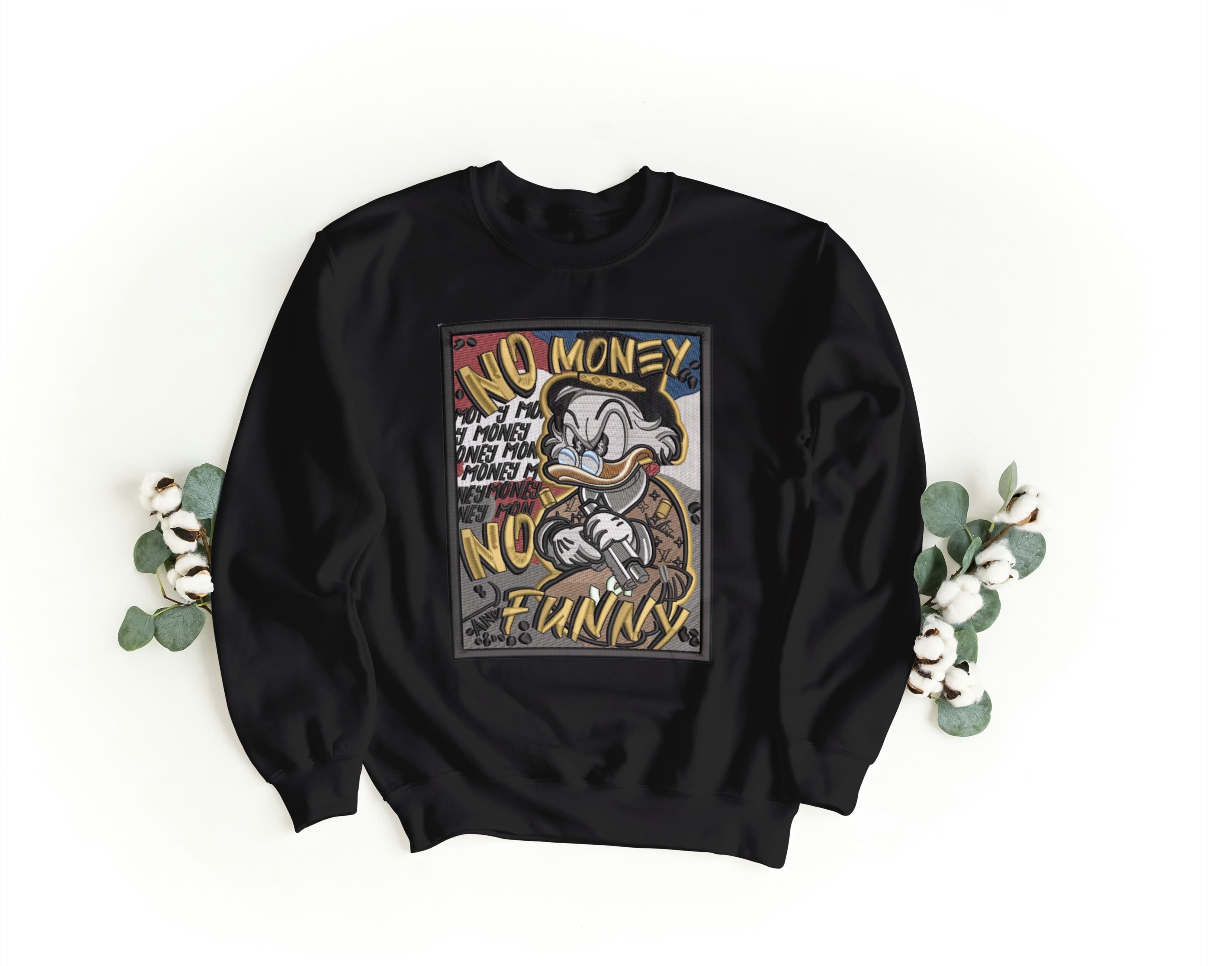 Felpa Ricamata Unisex a Girocollo – Morbida e Confortevole – Design Paperone De Parepone No Money No Funny-Biiply