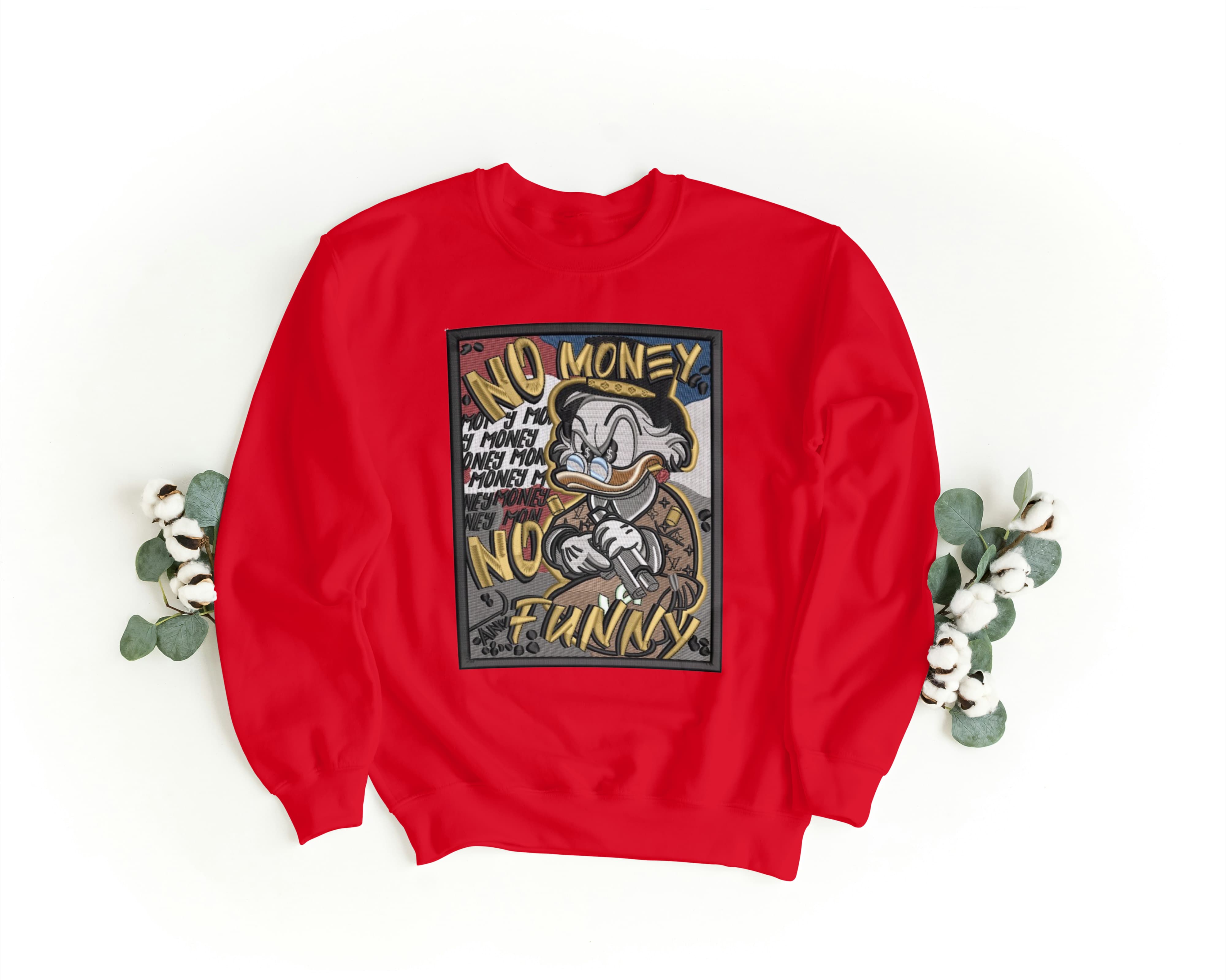 Felpa Ricamata Unisex a Girocollo – Morbida e Confortevole – Design Paperone De Parepone No Money No Funny-Biiply