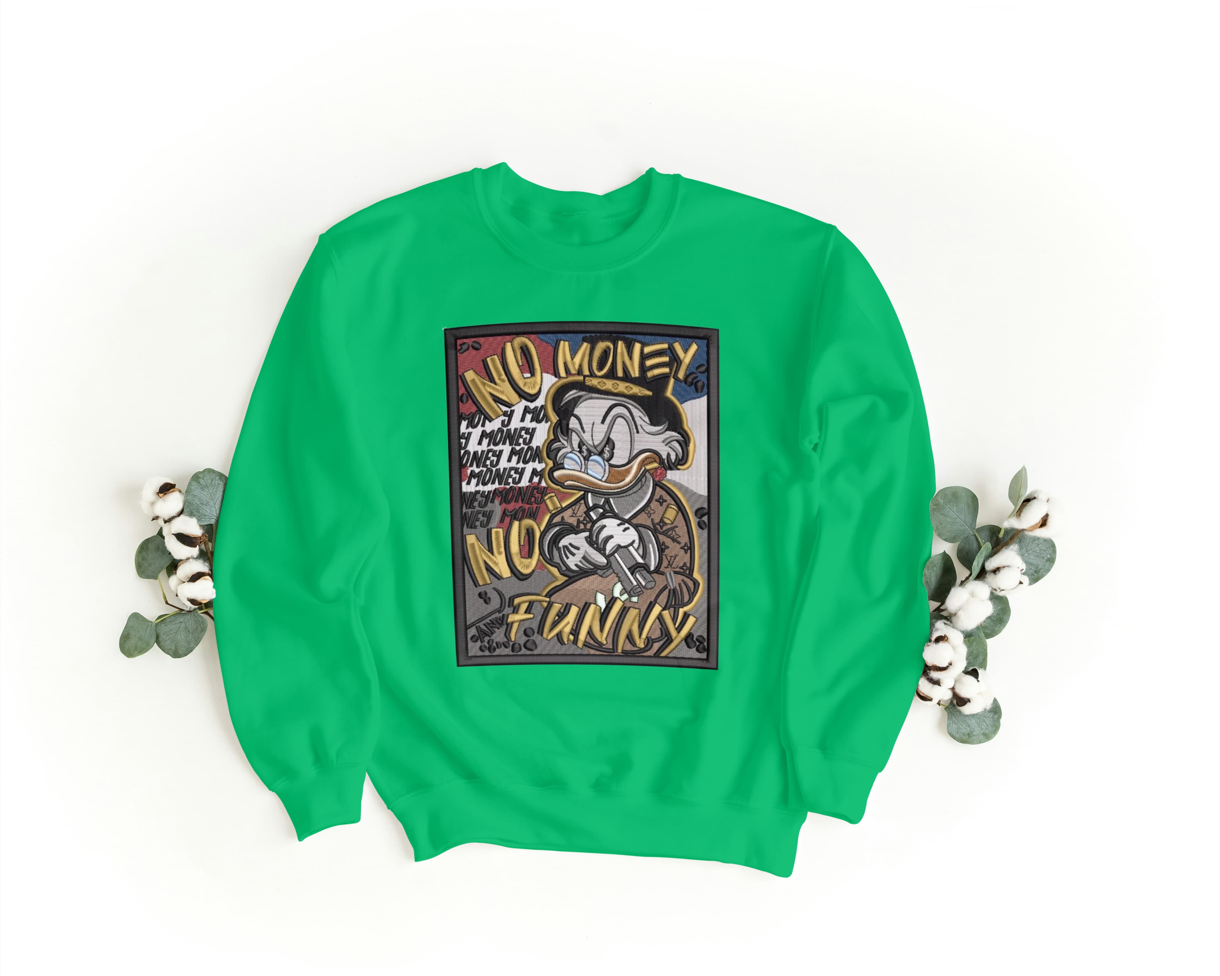 Felpa Ricamata Unisex a Girocollo – Morbida e Confortevole – Design Paperone De Parepone No Money No Funny-Biiply