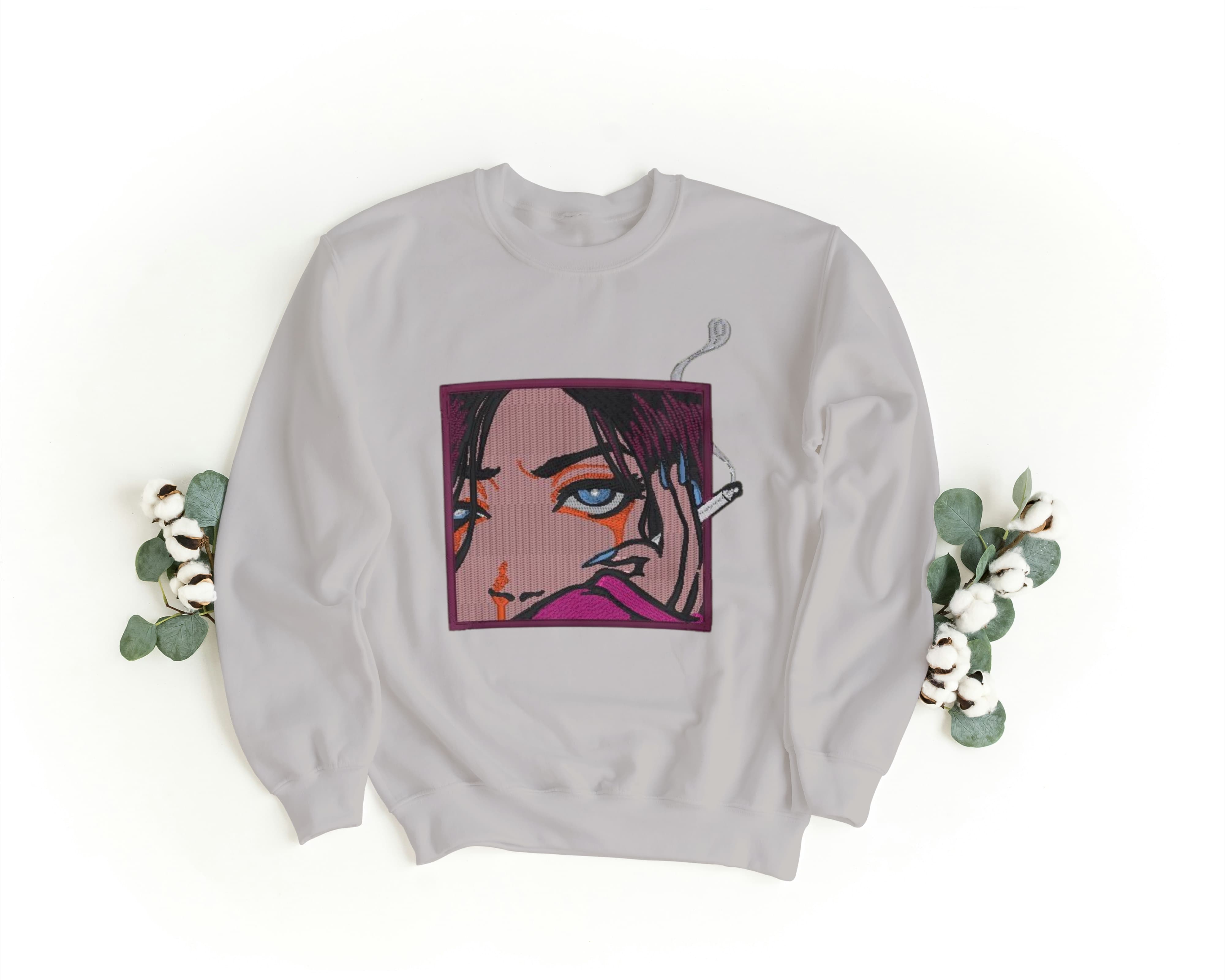 Felpa Ricamata Unisex a Girocollo – Morbida e Confortevole – Design Smoke Girl-Biiply