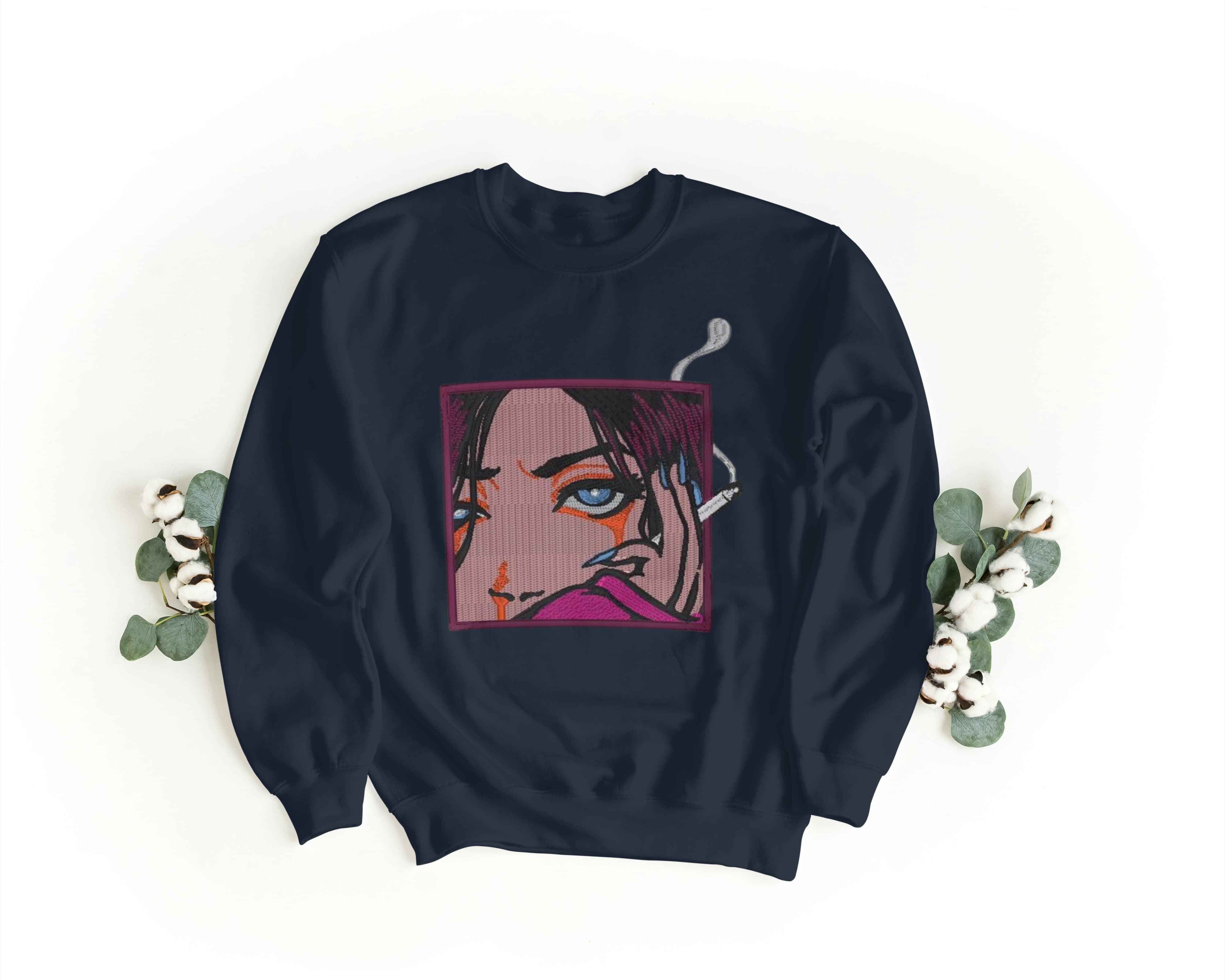 Felpa Ricamata Unisex a Girocollo – Morbida e Confortevole – Design Smoke Girl-Biiply