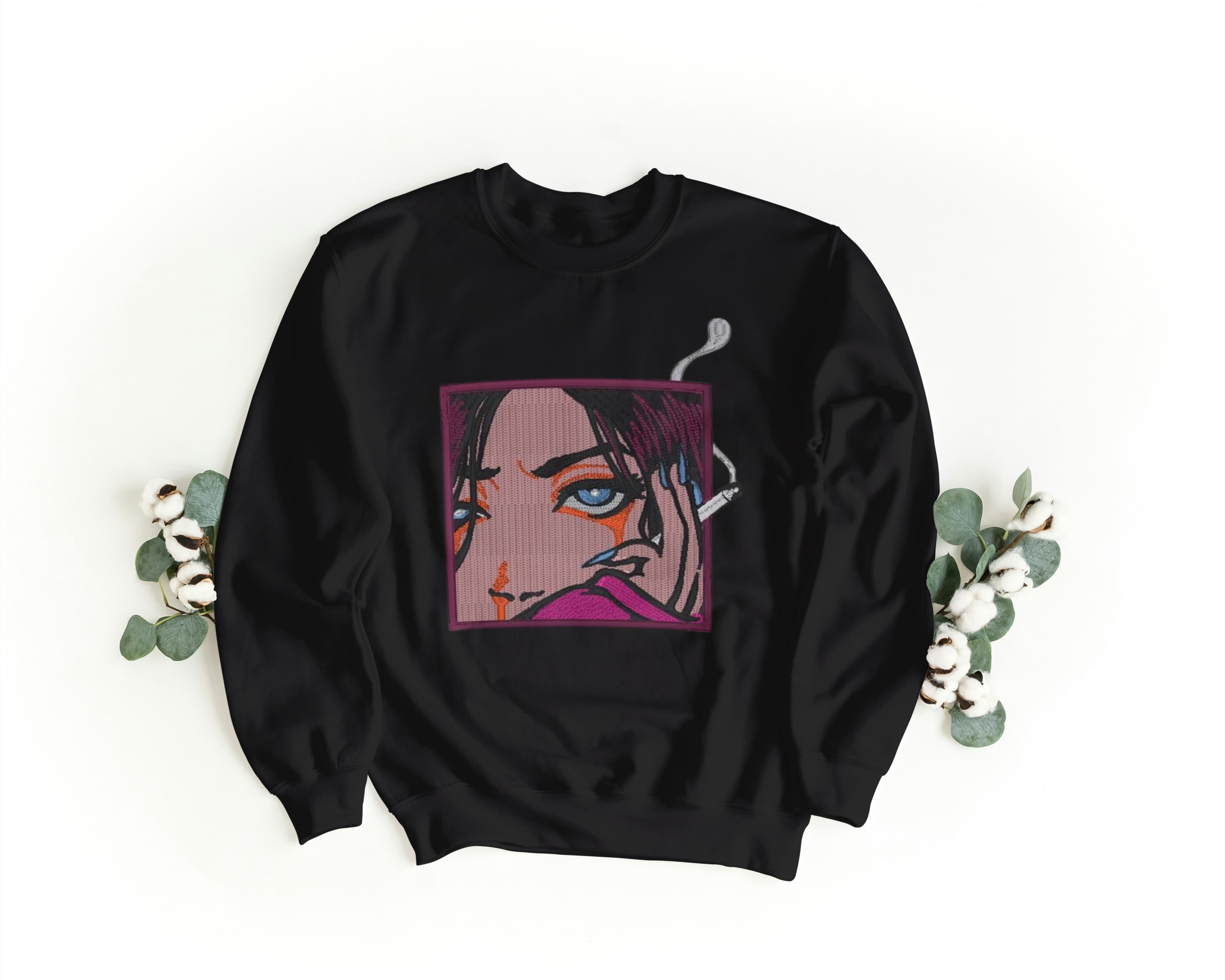 Felpa Ricamata Unisex a Girocollo – Morbida e Confortevole – Design Smoke Girl-Biiply