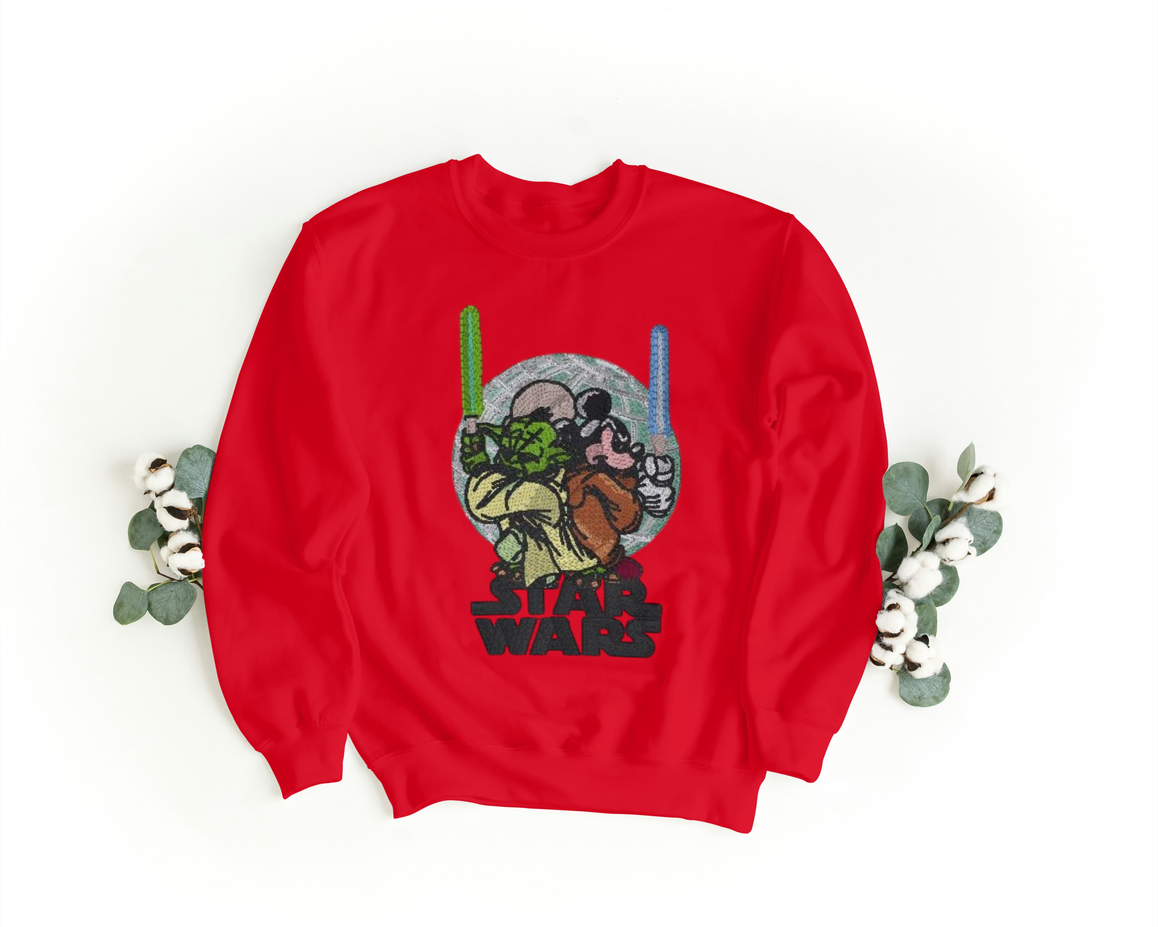 Felpa Ricamata Unisex a Girocollo – Morbida e Confortevole – Design Star Wars Topolino + Yoda-Biiply