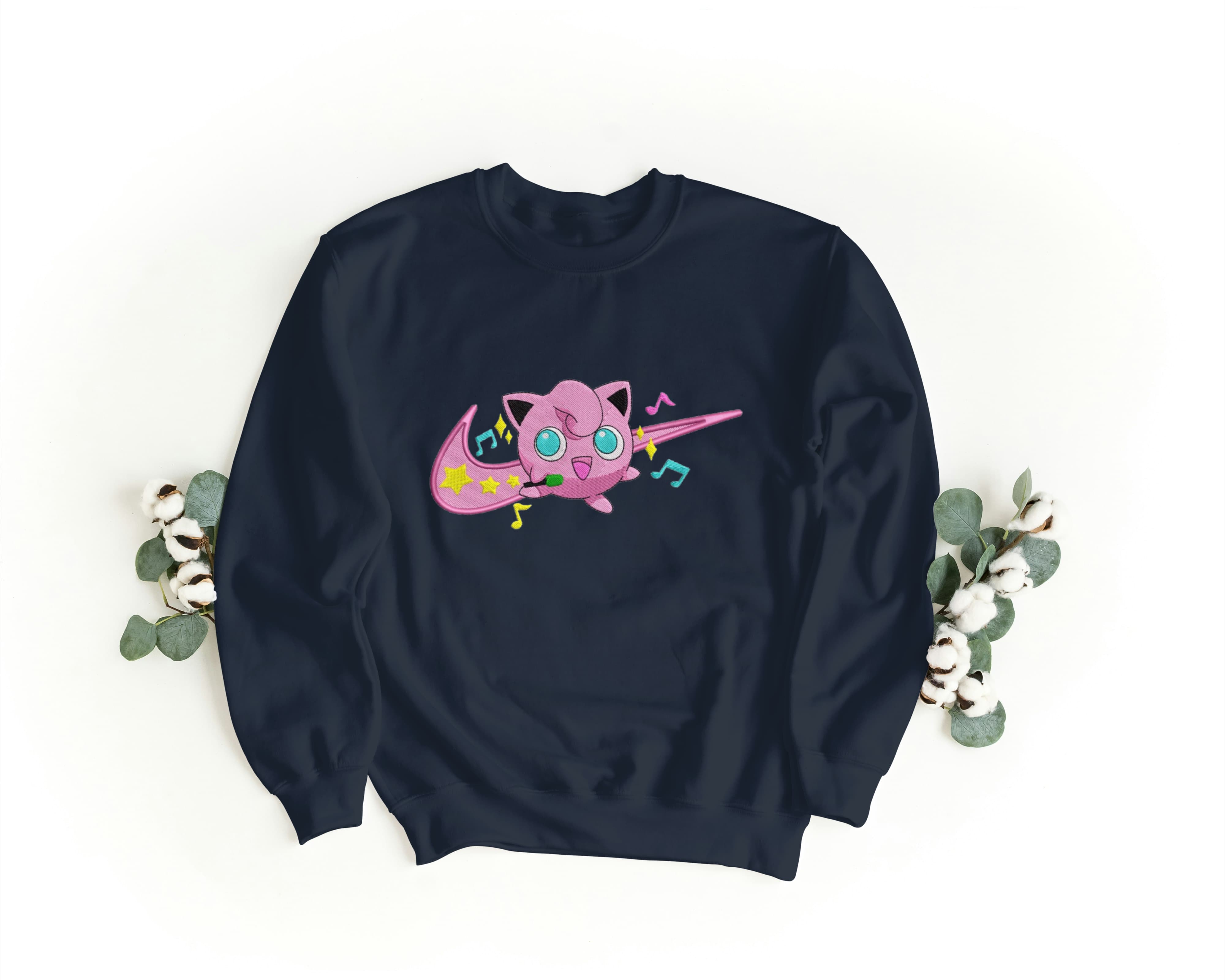 Felpa Ricamata Unisex a Girocollo – Morbida e Confortevole – Design Swoosh + Jigglypuff-Biiply