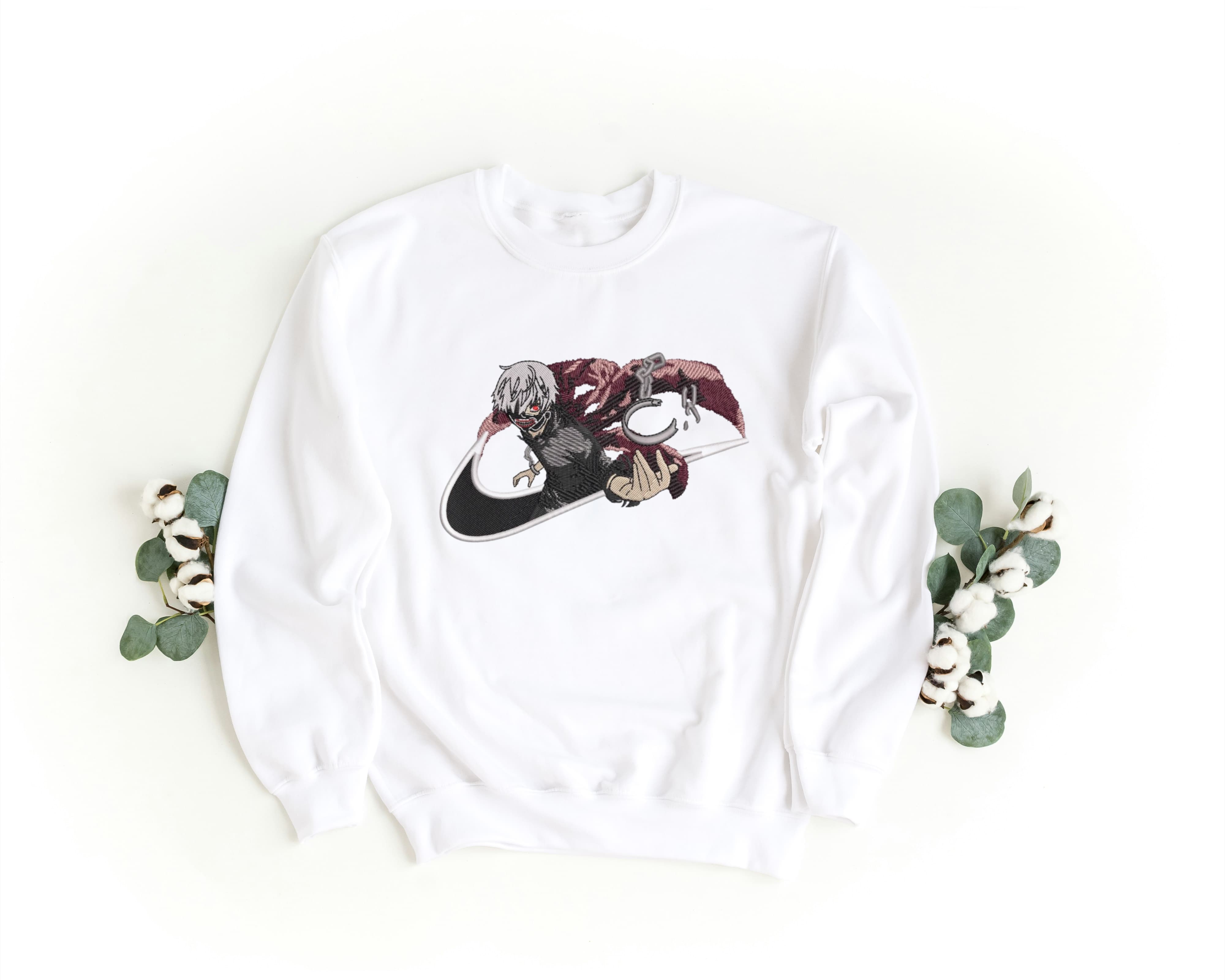 Felpa Ricamata Unisex a Girocollo – Morbida e Confortevole – Design Swoosh Ken Kaneki-Biiply