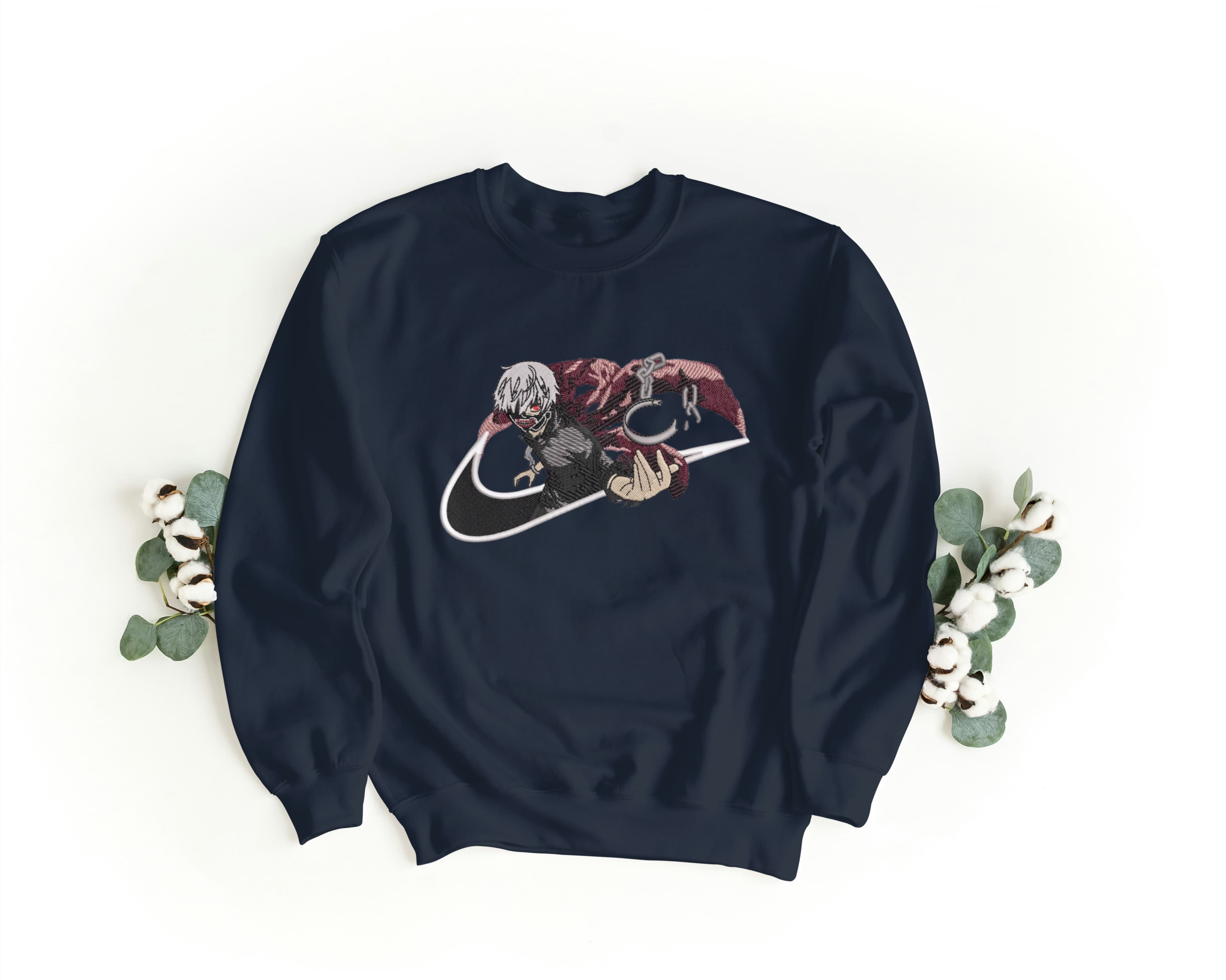 Felpa Ricamata Unisex a Girocollo – Morbida e Confortevole – Design Swoosh Ken Kaneki-Biiply