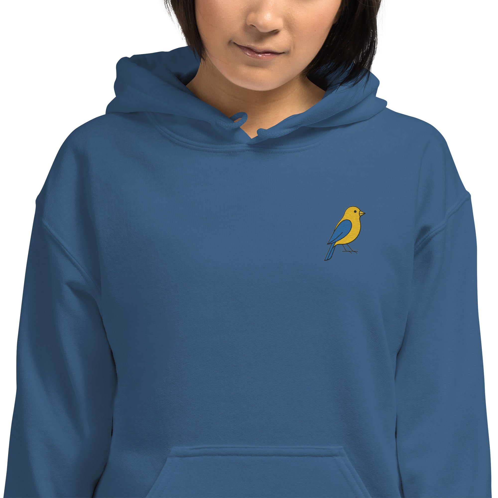 Felpa Ricamata Unisex con Cappuccio – Morbida – Design Canarino Giallo Blu-Biiply