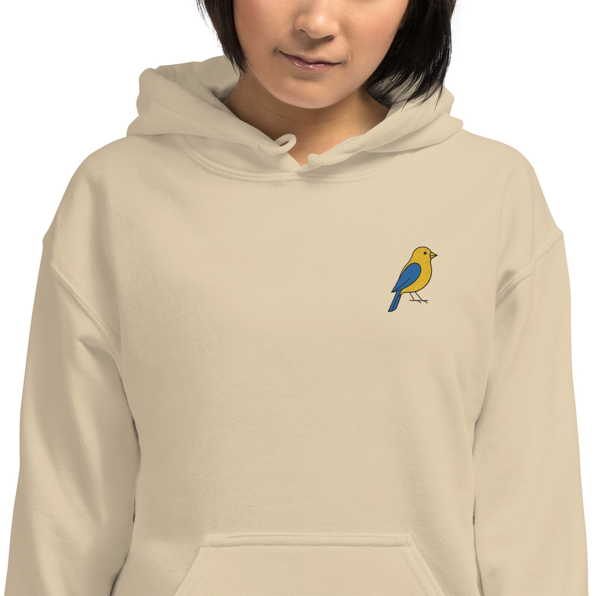 Felpa Ricamata Unisex con Cappuccio – Morbida – Design Canarino Giallo Blu-Biiply