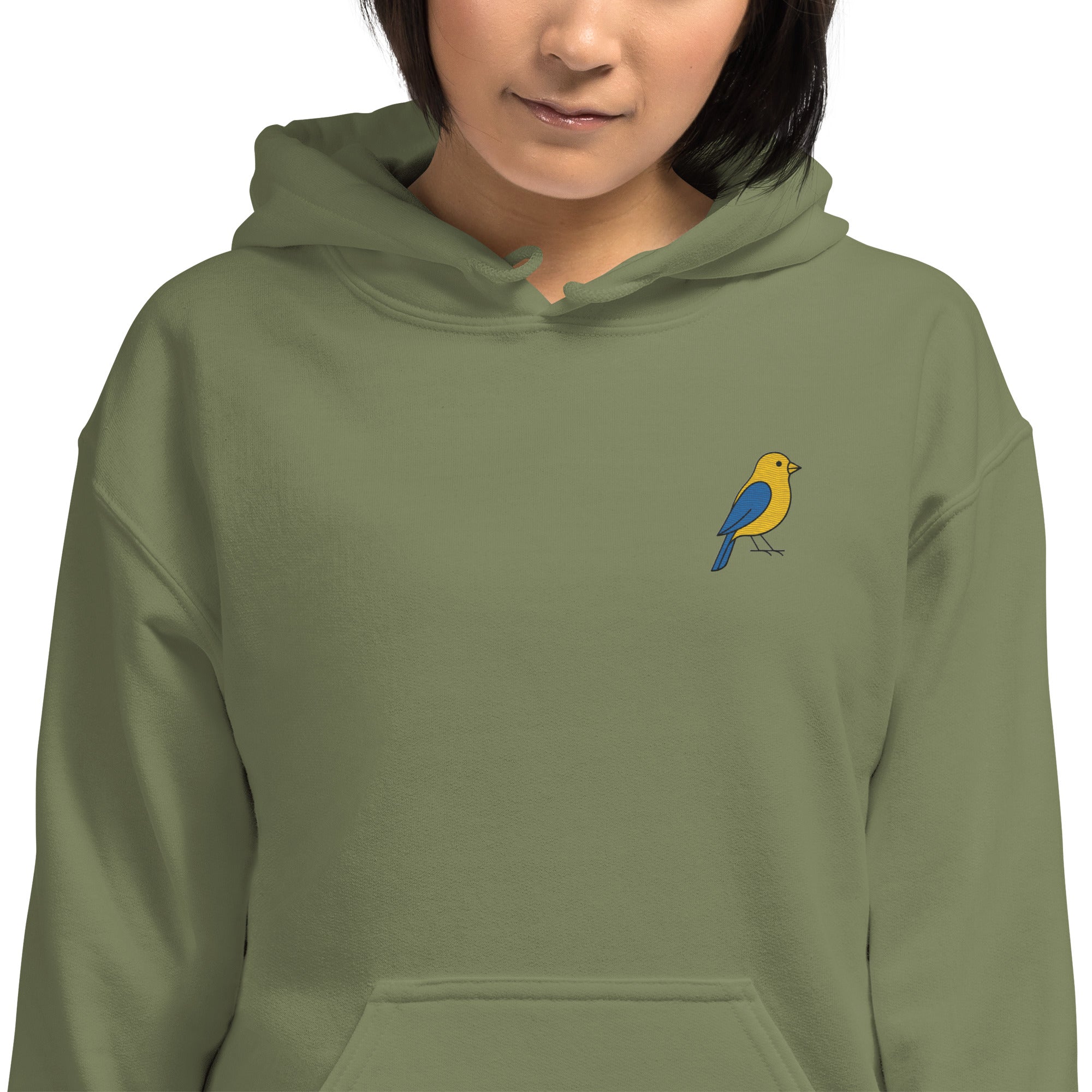 Felpa Ricamata Unisex con Cappuccio – Morbida – Design Canarino Giallo Blu-Biiply