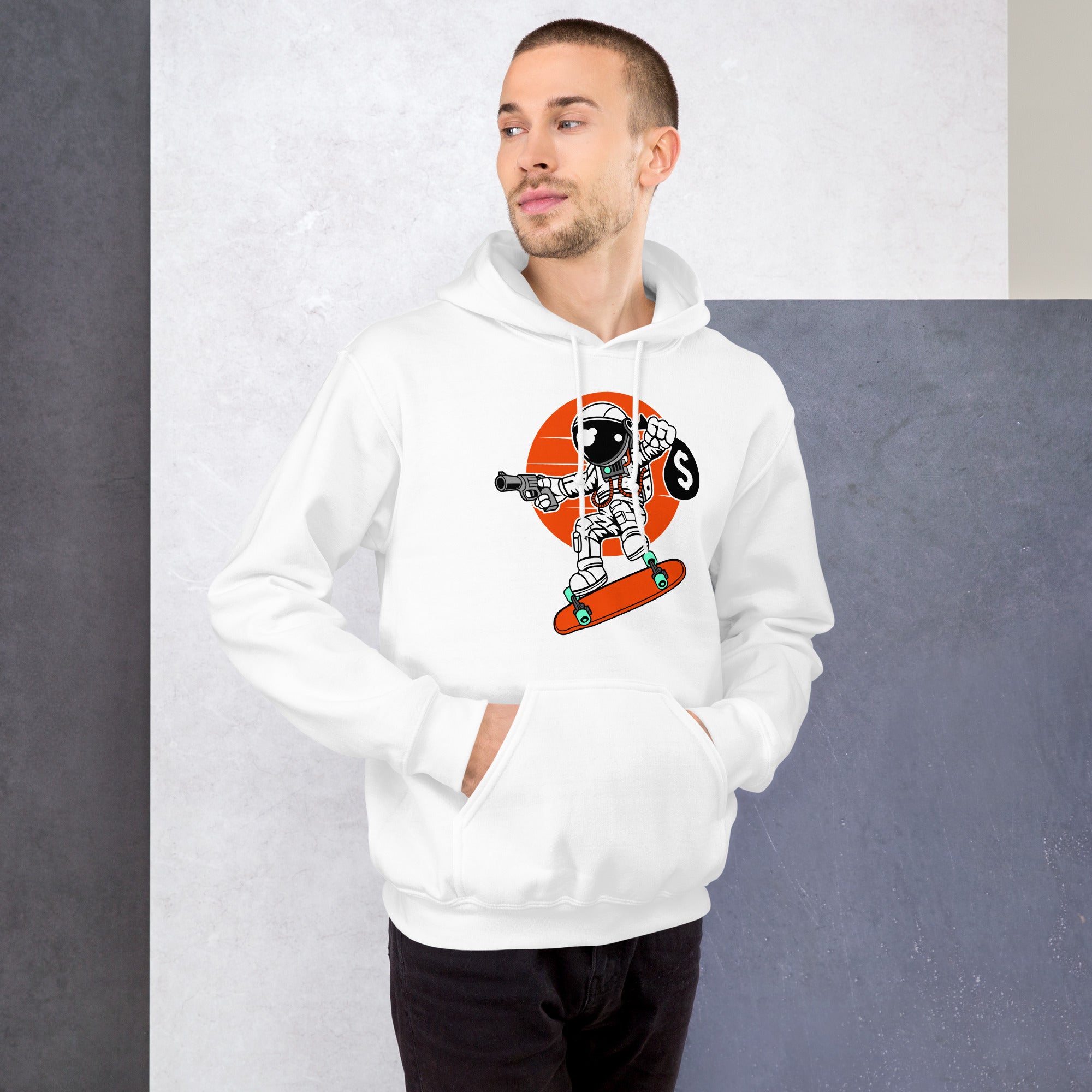 Felpa Stampata Unisex con Cappuccio – Morbida – Design Astro Skater-Biiply