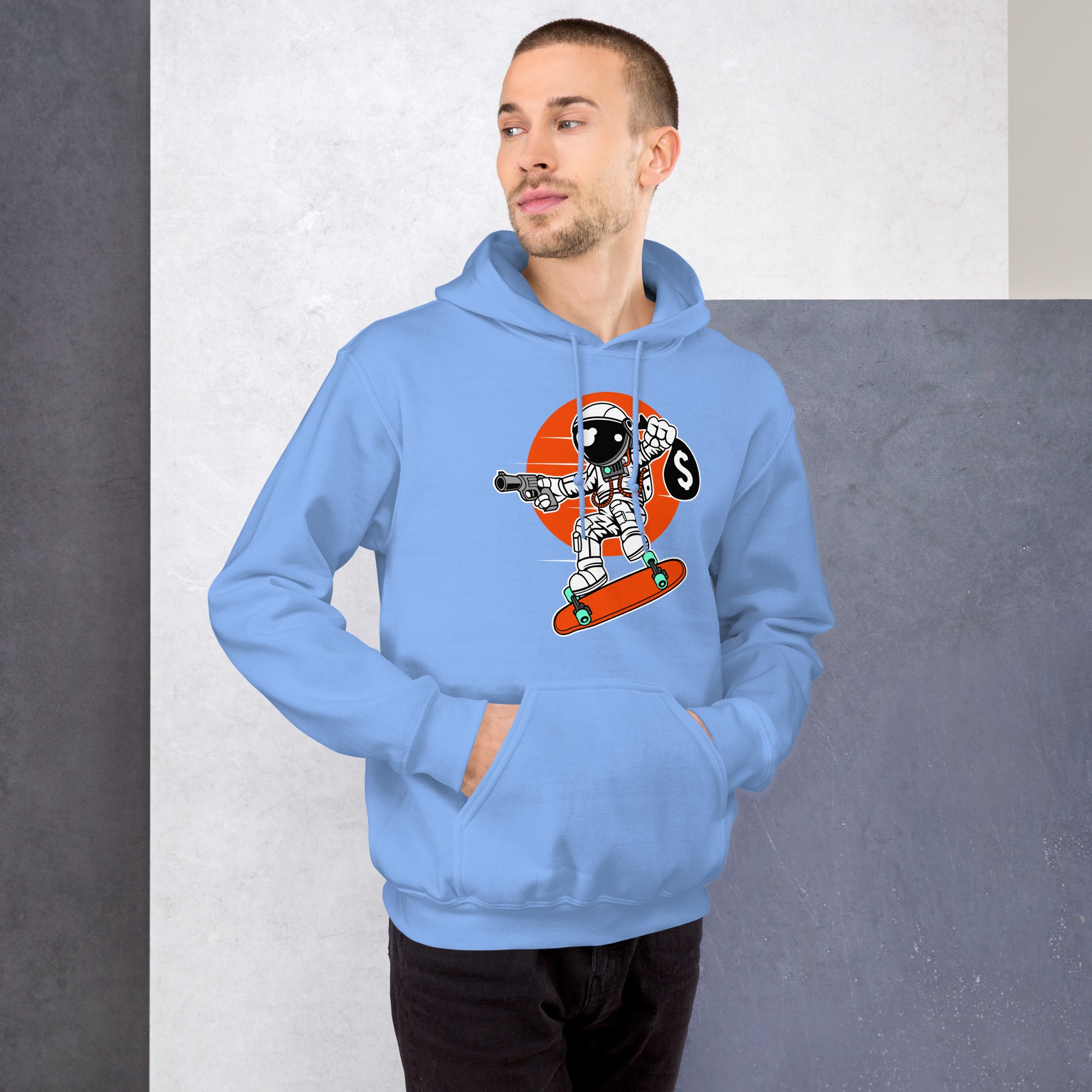 Felpa Stampata Unisex con Cappuccio – Morbida – Design Astro Skater-Biiply