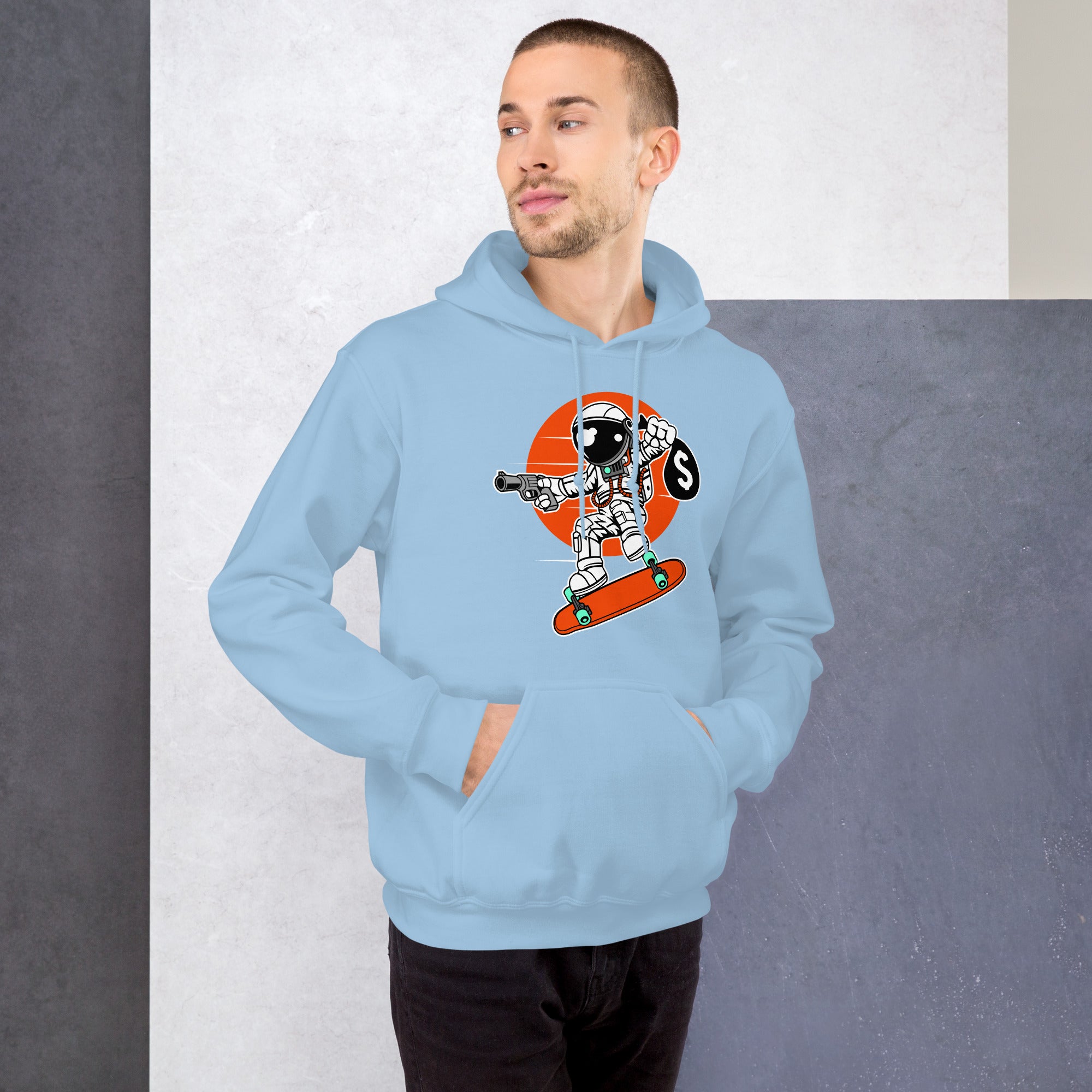 Felpa Stampata Unisex con Cappuccio – Morbida – Design Astro Skater-Biiply