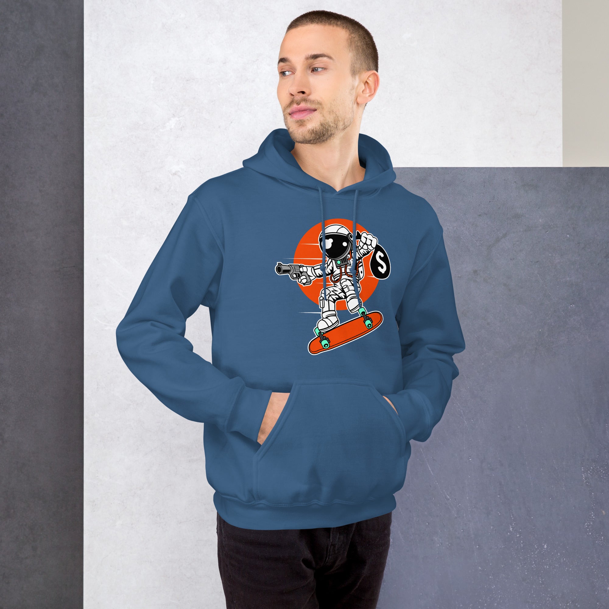 Felpa Stampata Unisex con Cappuccio – Morbida – Design Astro Skater-Biiply