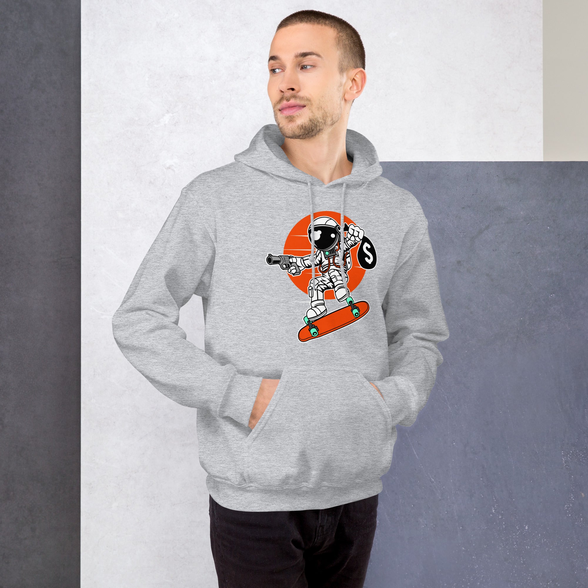 Felpa Stampata Unisex con Cappuccio – Morbida – Design Astro Skater-Biiply