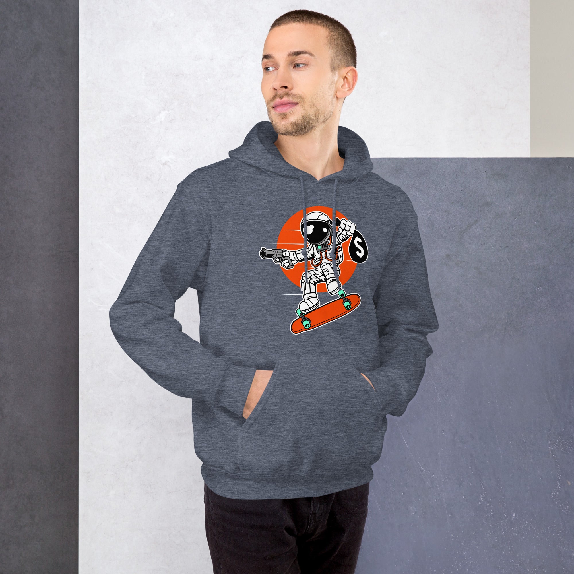 Felpa Stampata Unisex con Cappuccio – Morbida – Design Astro Skater-Biiply