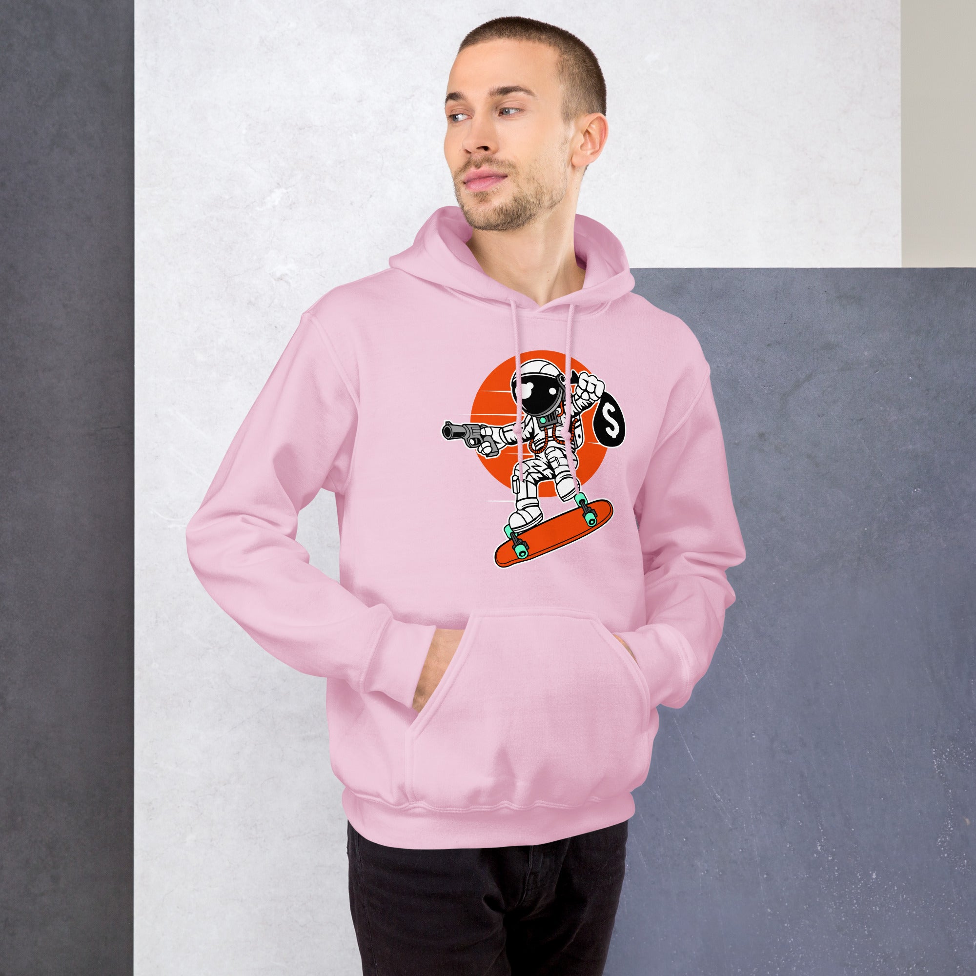 Felpa Stampata Unisex con Cappuccio – Morbida – Design Astro Skater-Biiply