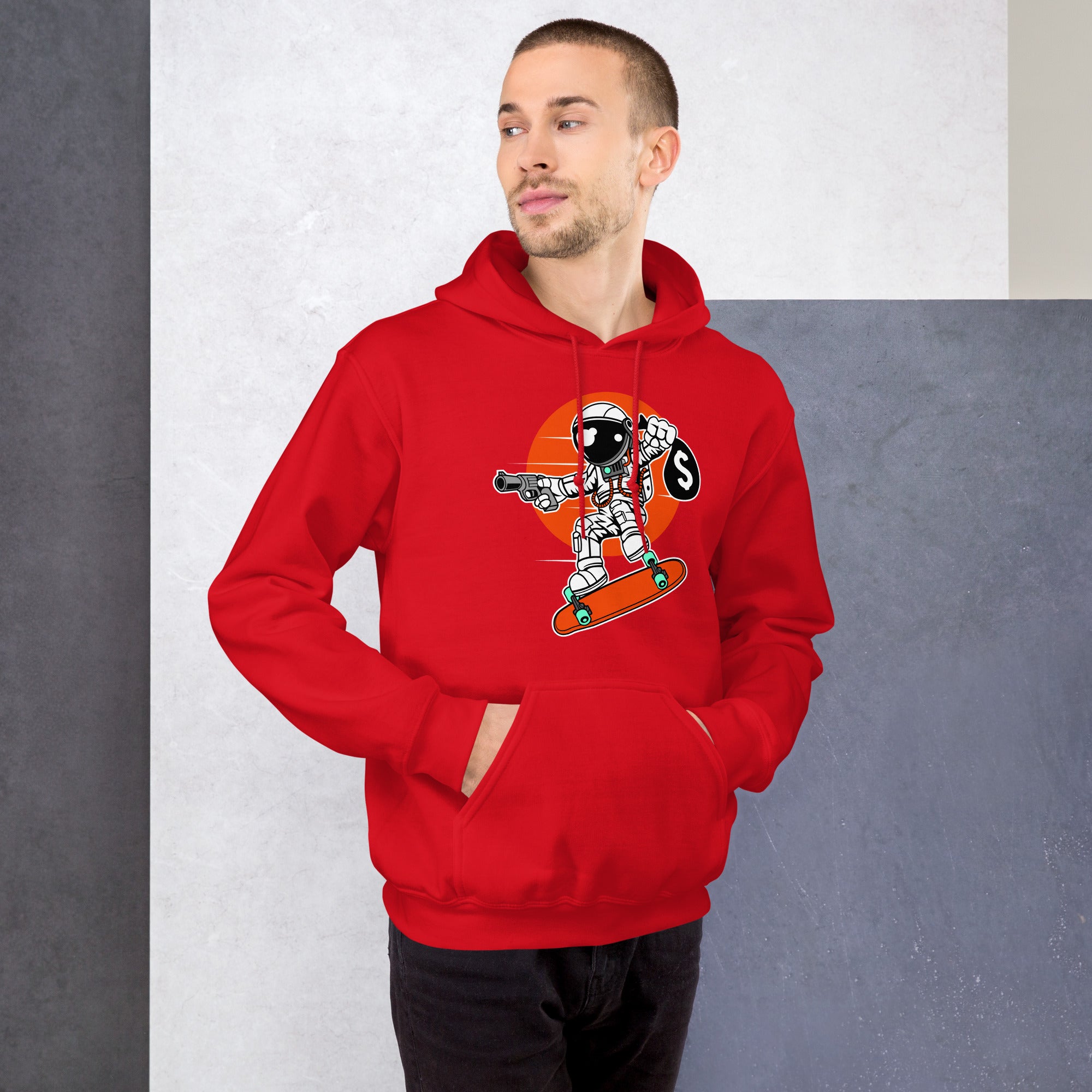 Felpa Stampata Unisex con Cappuccio – Morbida – Design Astro Skater-Biiply