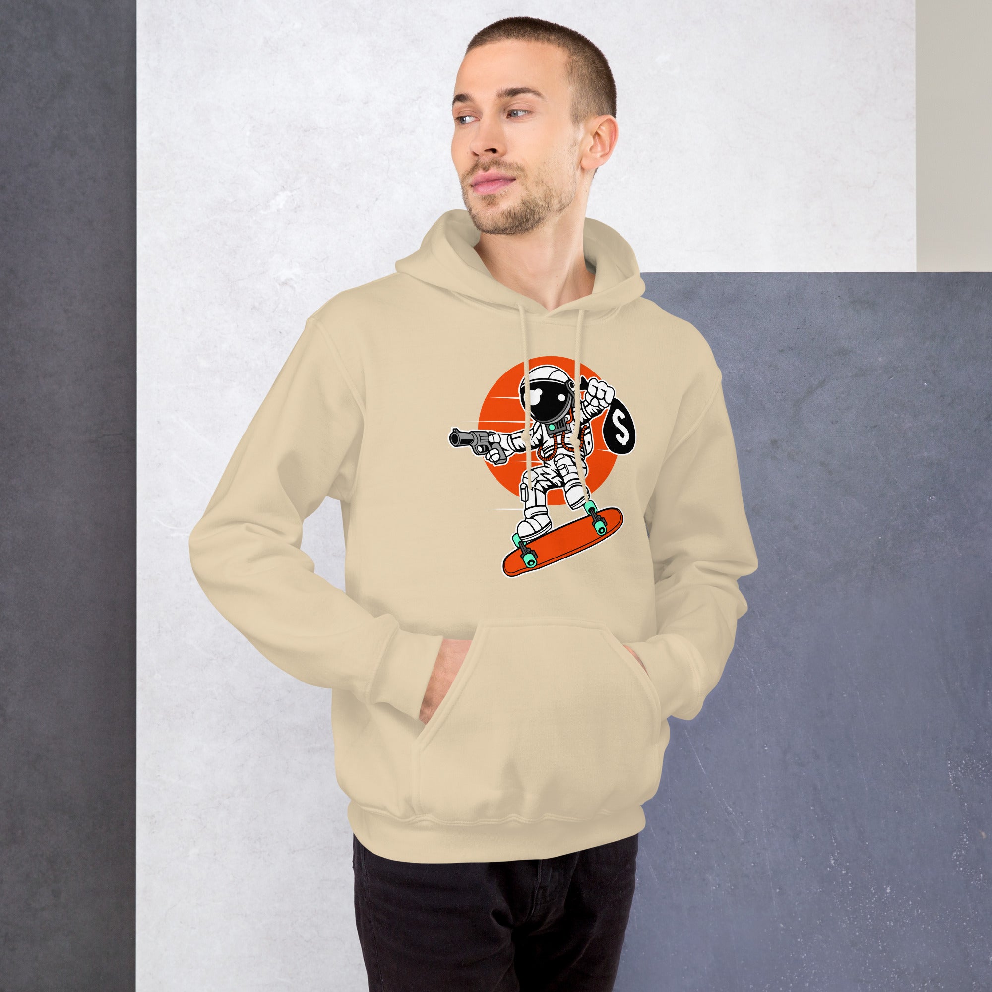 Felpa Stampata Unisex con Cappuccio – Morbida – Design Astro Skater-Biiply