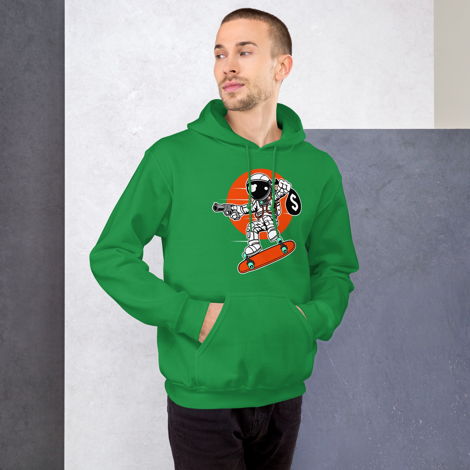 Felpa Stampata Unisex con Cappuccio – Morbida – Design Astro Skater-Biiply