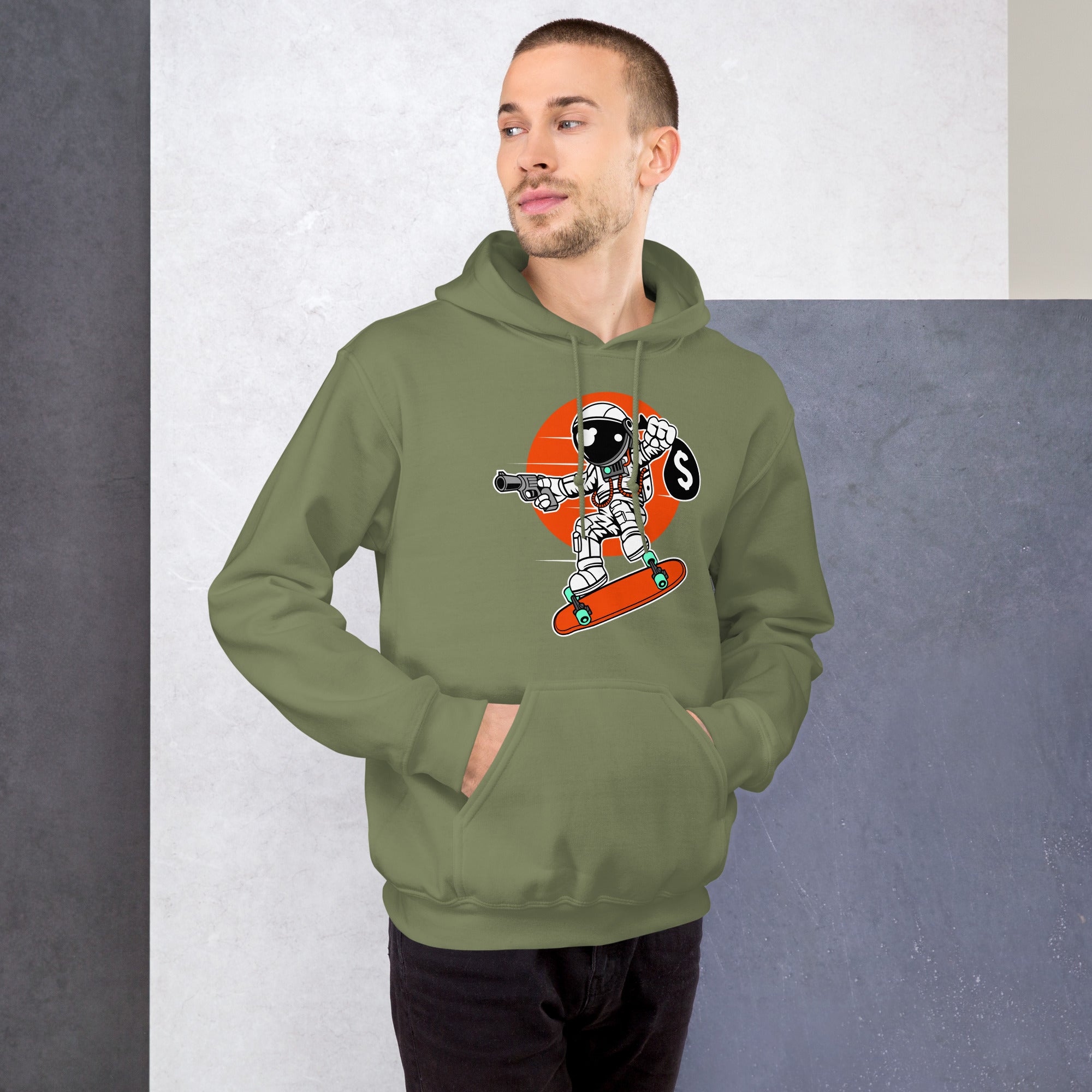 Felpa Stampata Unisex con Cappuccio – Morbida – Design Astro Skater-Biiply