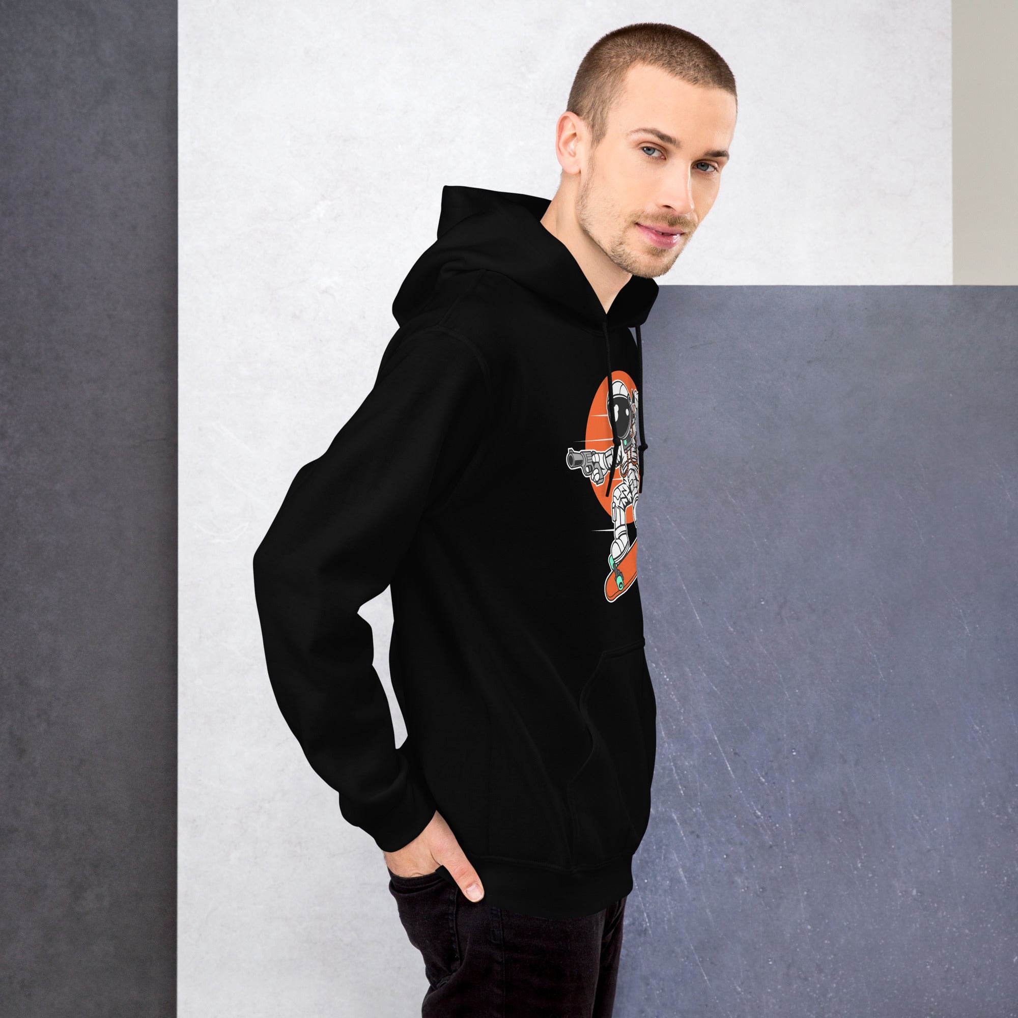 Felpa Stampata Unisex con Cappuccio – Morbida – Design Astro Skater-Biiply