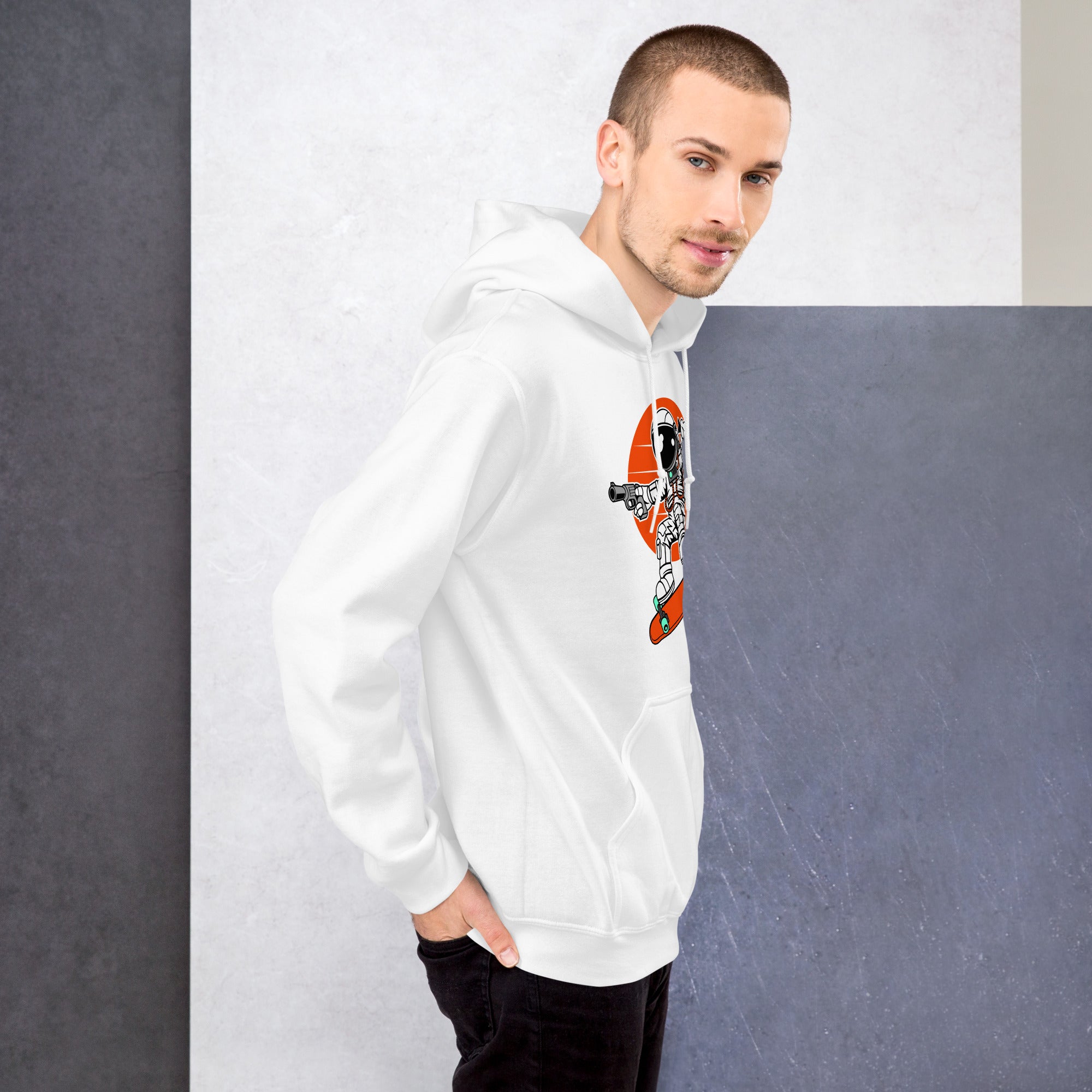 Felpa Stampata Unisex con Cappuccio – Morbida – Design Astro Skater-Biiply