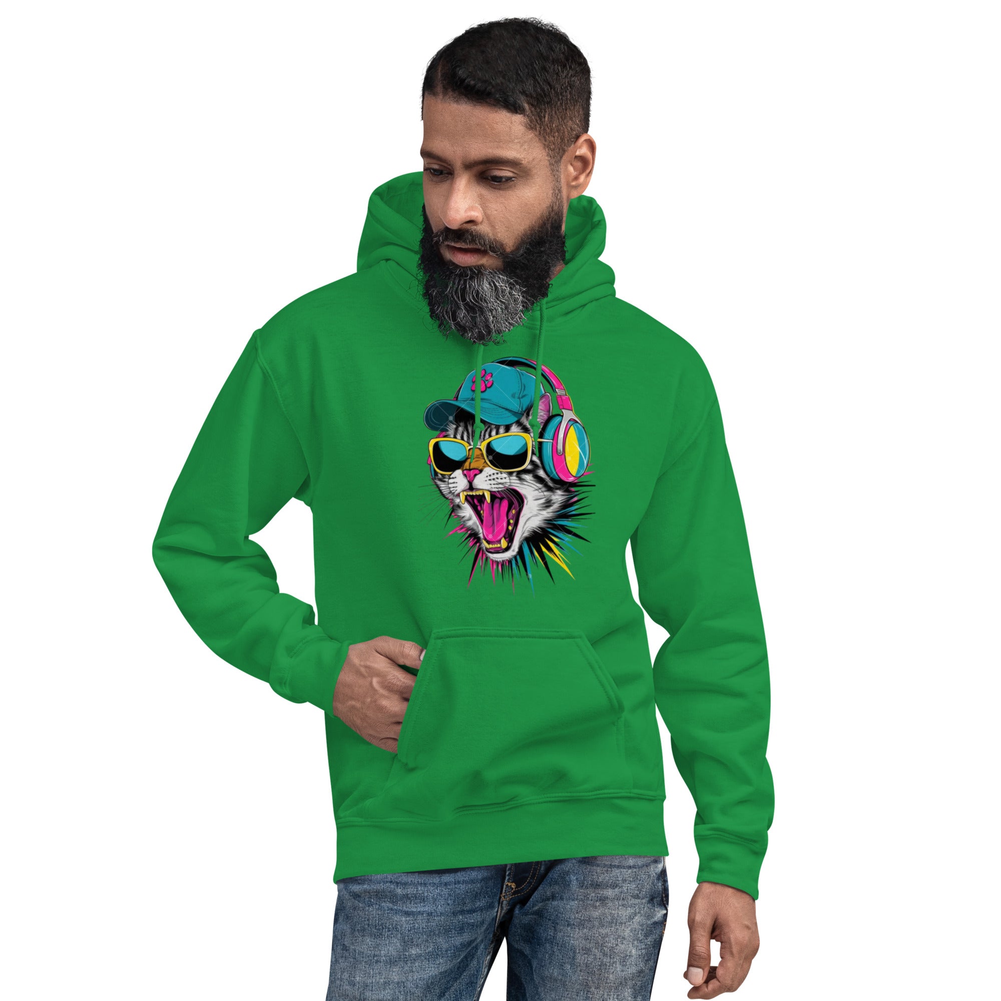 Felpa Stampata Unisex con Cappuccio – Morbida – Design Gatto con Cuffie-Biiply