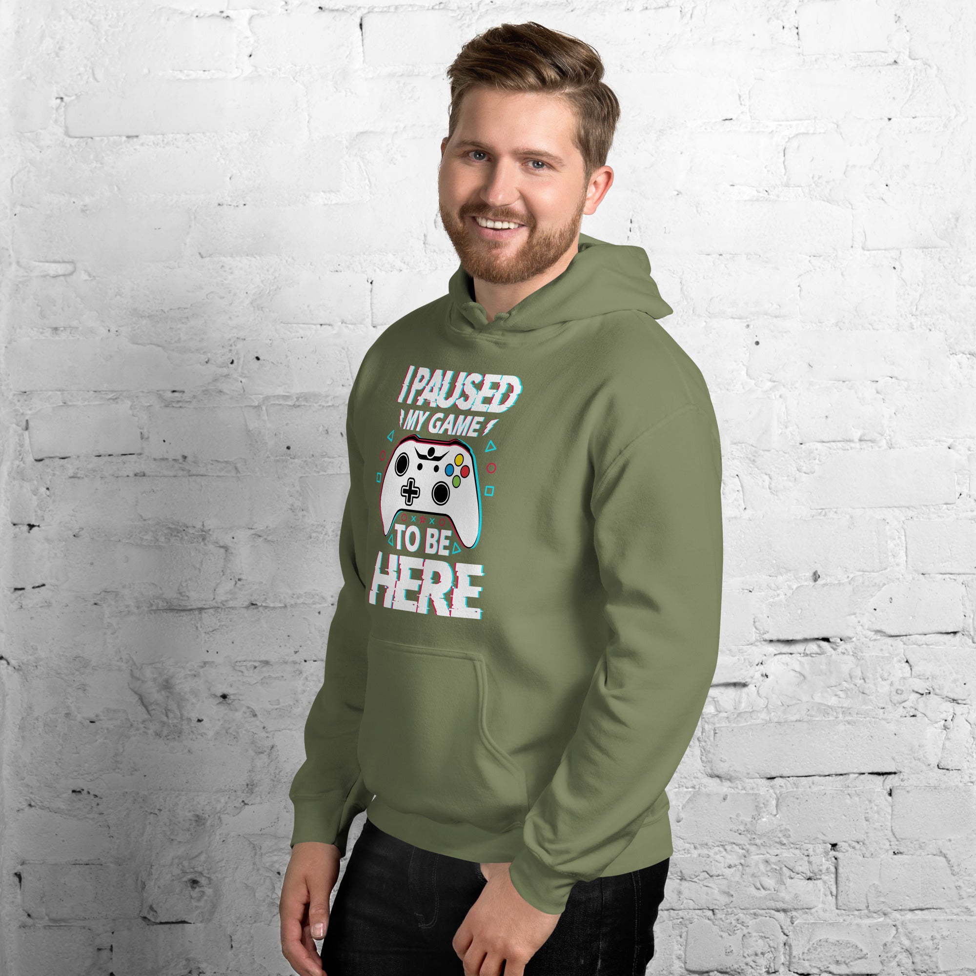 Felpa Stampata Unisex con Cappuccio – Morbida – Design I Paused My Game To Be Here-Biiply