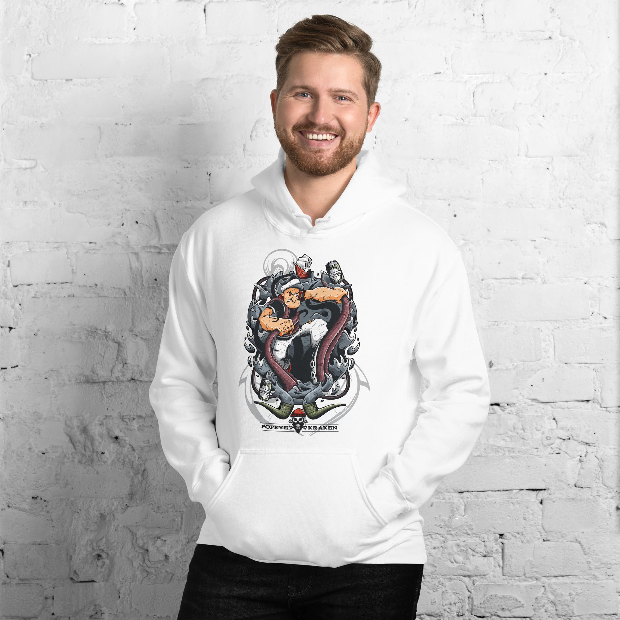 Felpa Stampata Unisex con Cappuccio – Morbida – Design Popeye Vs Kraken-Biiply