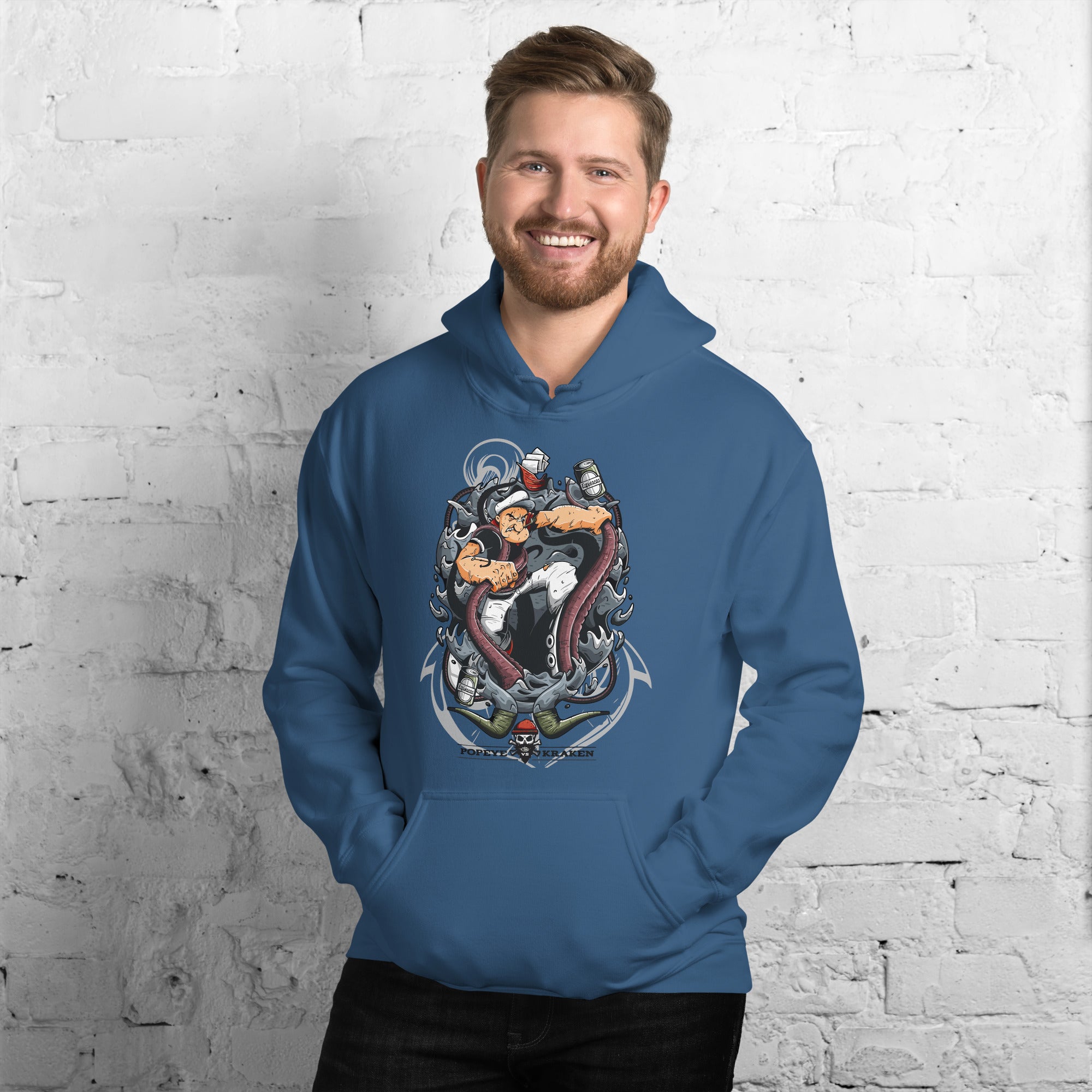 Felpa Stampata Unisex con Cappuccio – Morbida – Design Popeye Vs Kraken-Biiply