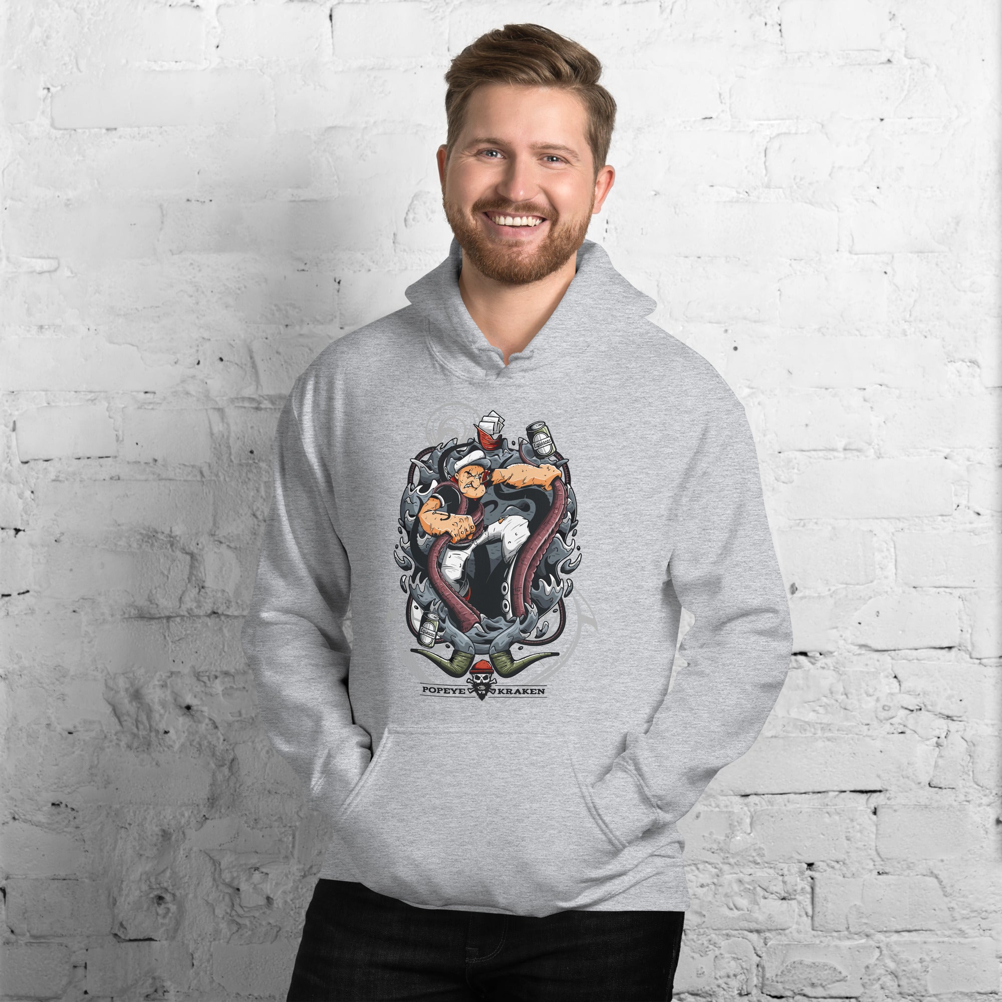 Felpa Stampata Unisex con Cappuccio – Morbida – Design Popeye Vs Kraken-Biiply
