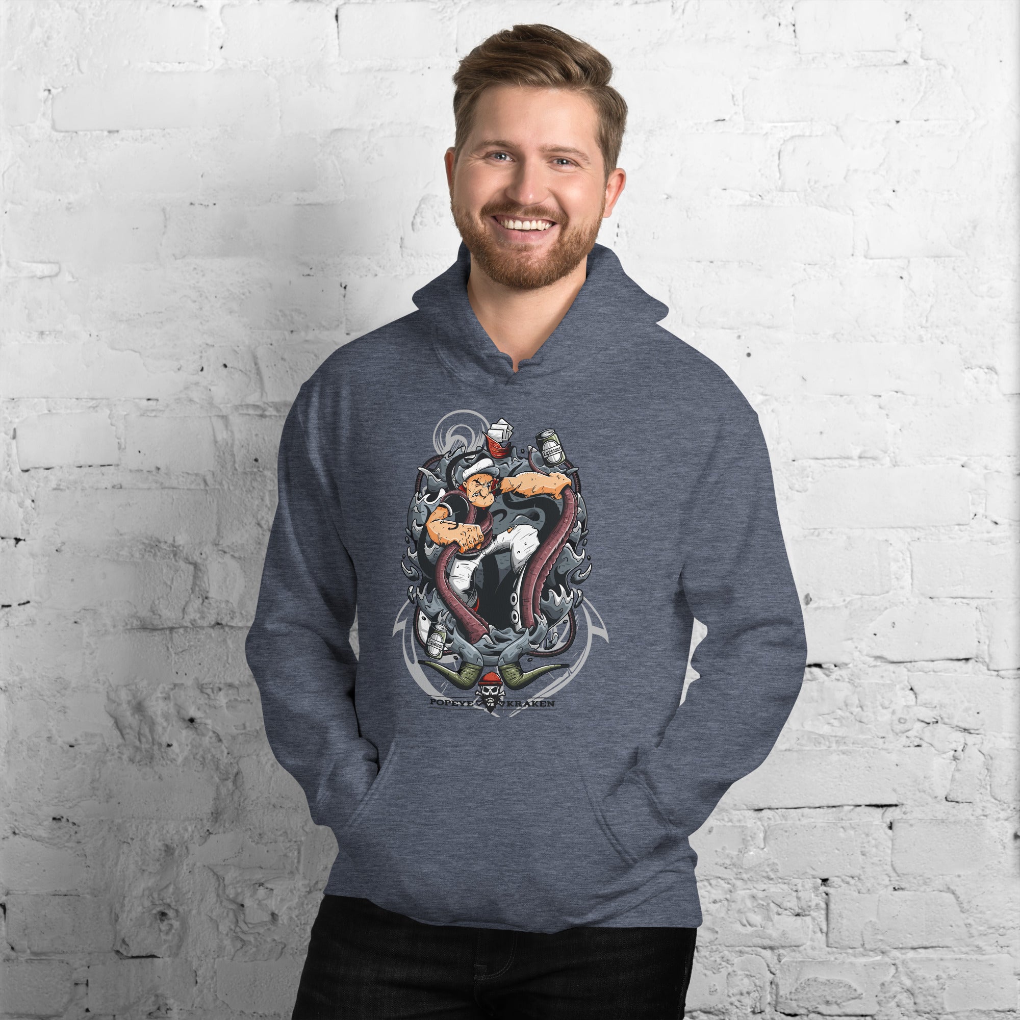 Felpa Stampata Unisex con Cappuccio – Morbida – Design Popeye Vs Kraken-Biiply