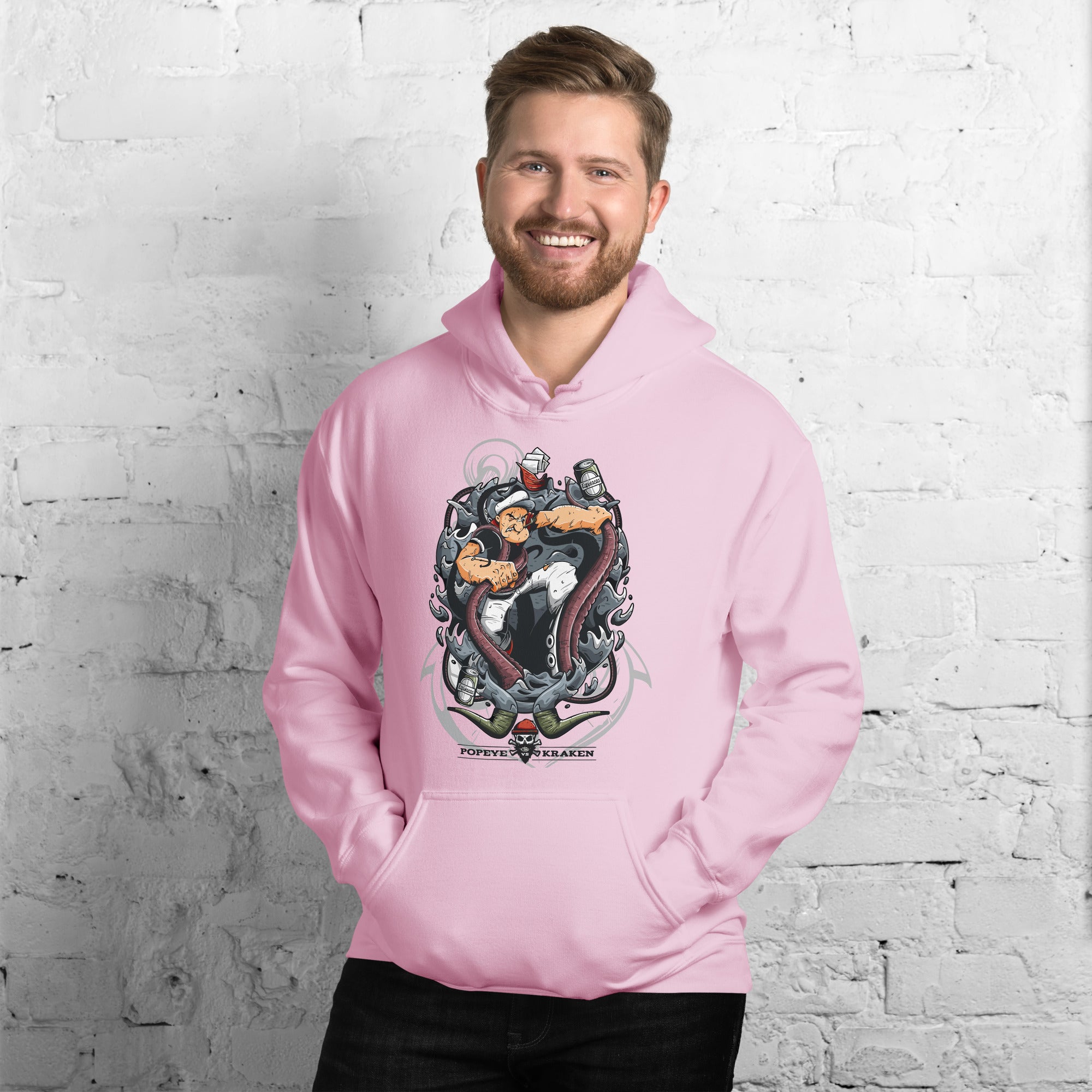Felpa Stampata Unisex con Cappuccio – Morbida – Design Popeye Vs Kraken-Biiply