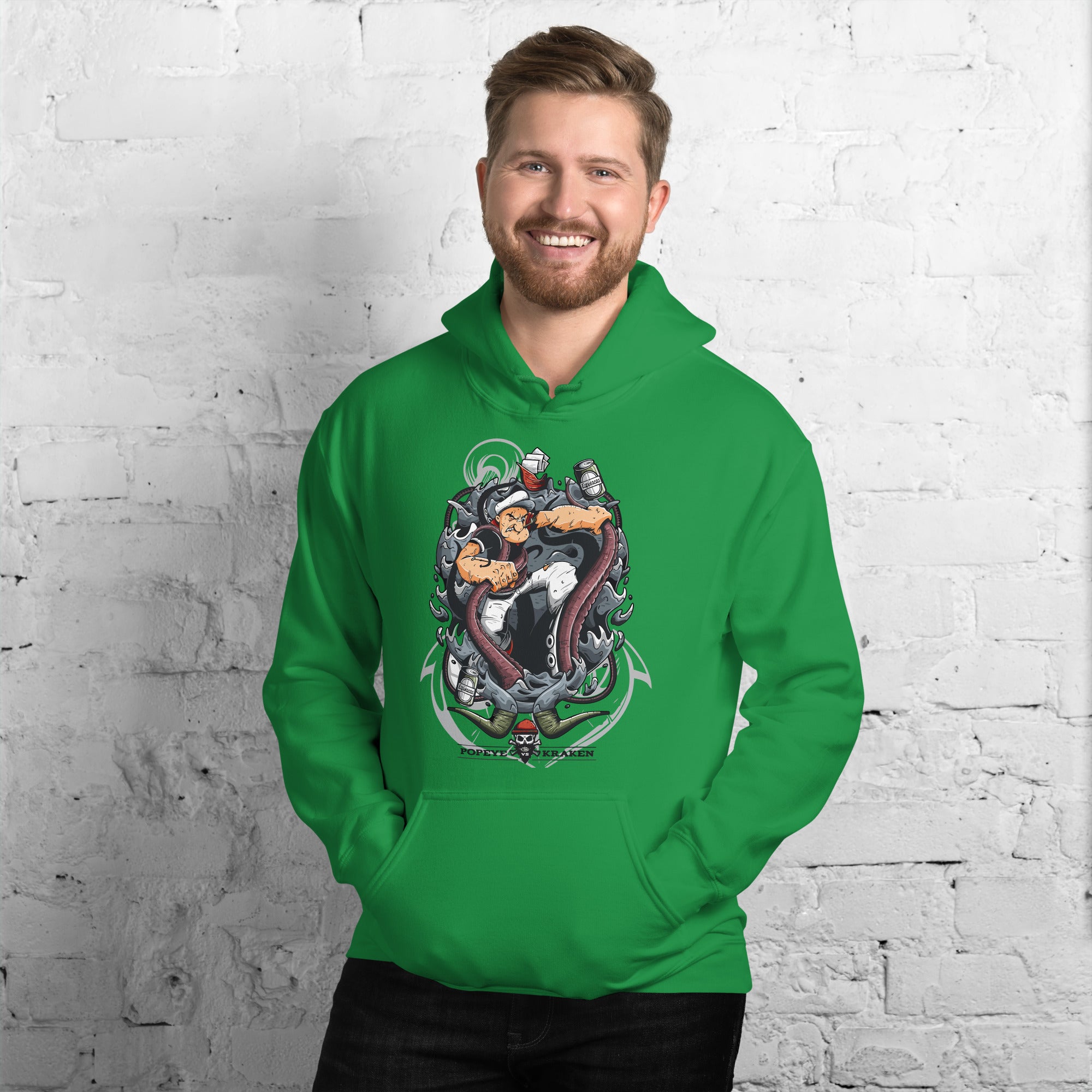 Felpa Stampata Unisex con Cappuccio – Morbida – Design Popeye Vs Kraken-Biiply