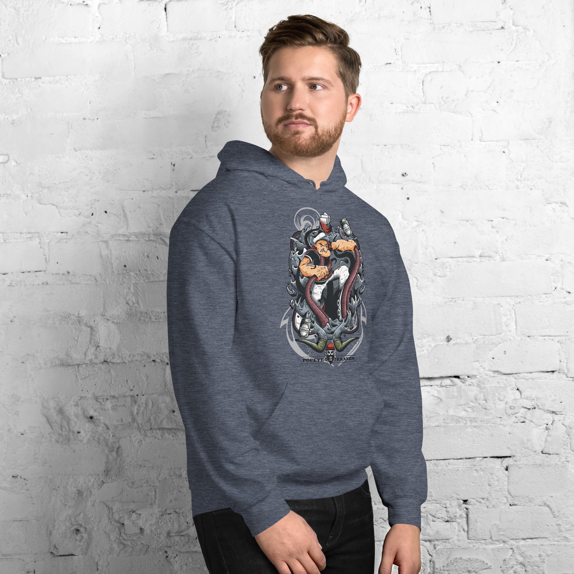 Felpa Stampata Unisex con Cappuccio – Morbida – Design Popeye Vs Kraken-Biiply