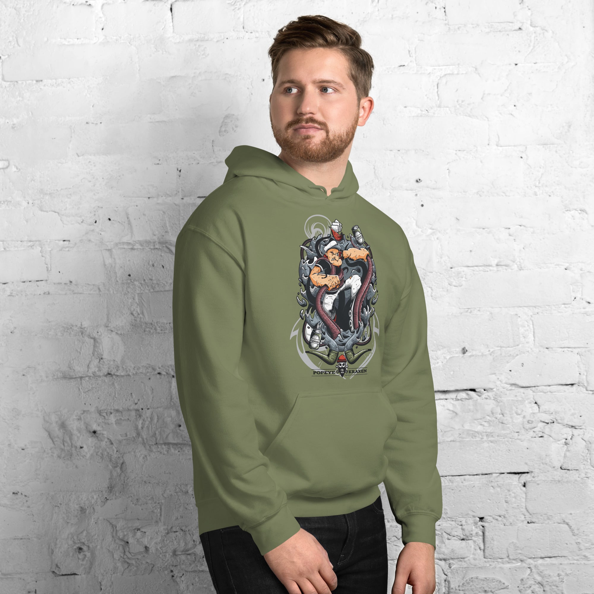 Felpa Stampata Unisex con Cappuccio – Morbida – Design Popeye Vs Kraken-Biiply