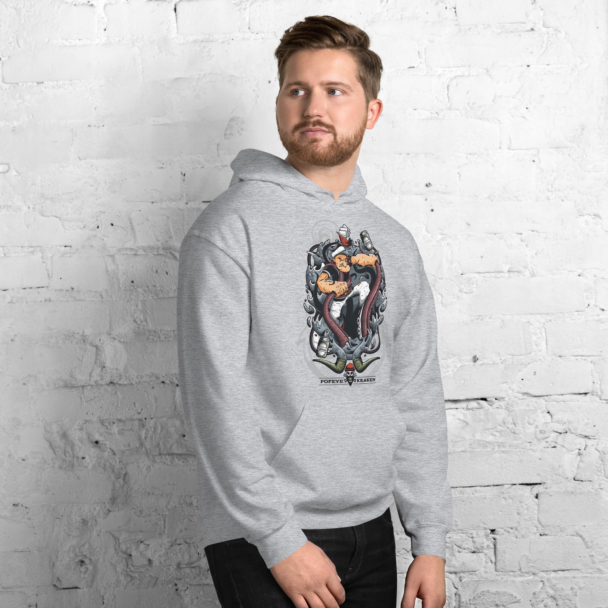 Felpa Stampata Unisex con Cappuccio – Morbida – Design Popeye Vs Kraken-Biiply