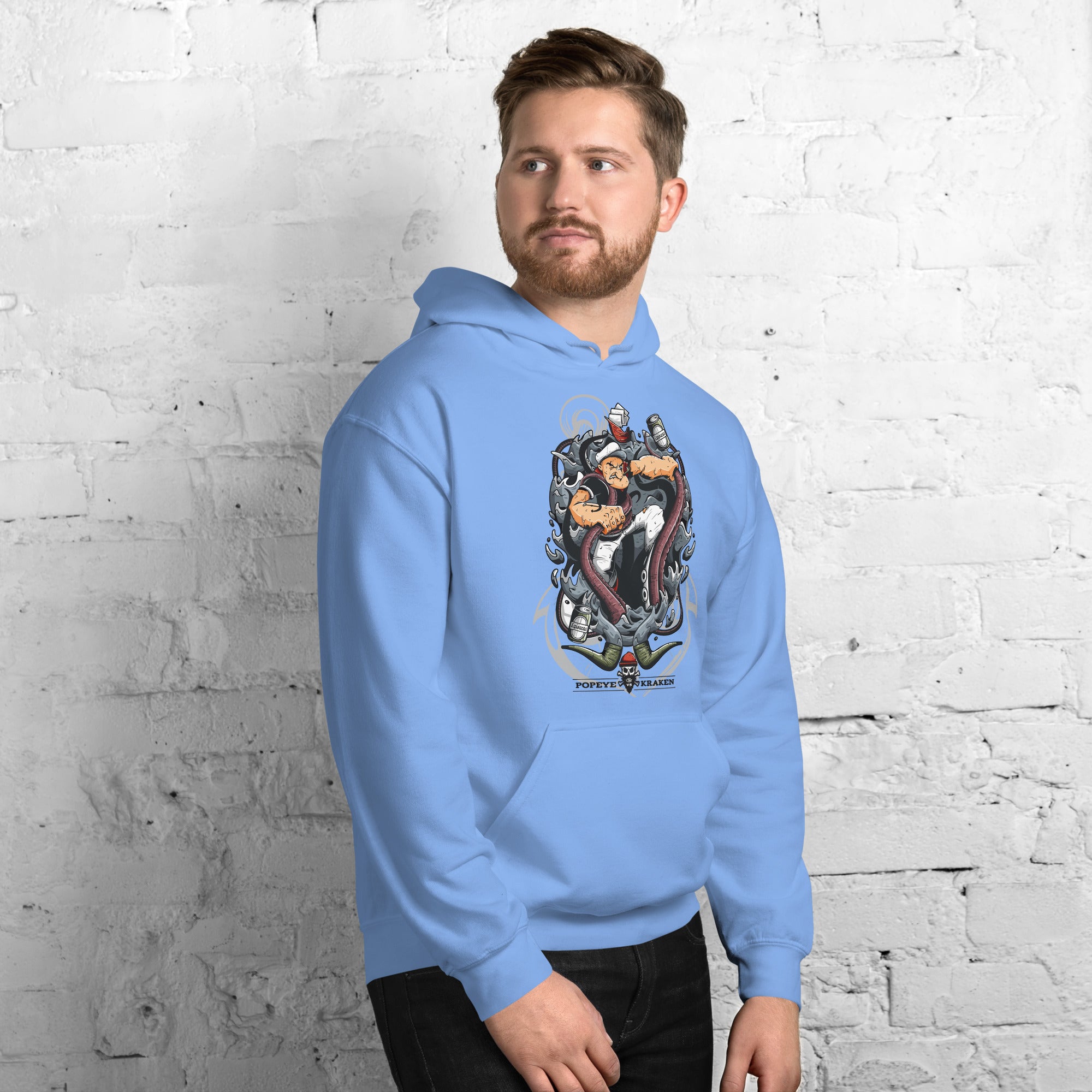 Felpa Stampata Unisex con Cappuccio – Morbida – Design Popeye Vs Kraken-Biiply