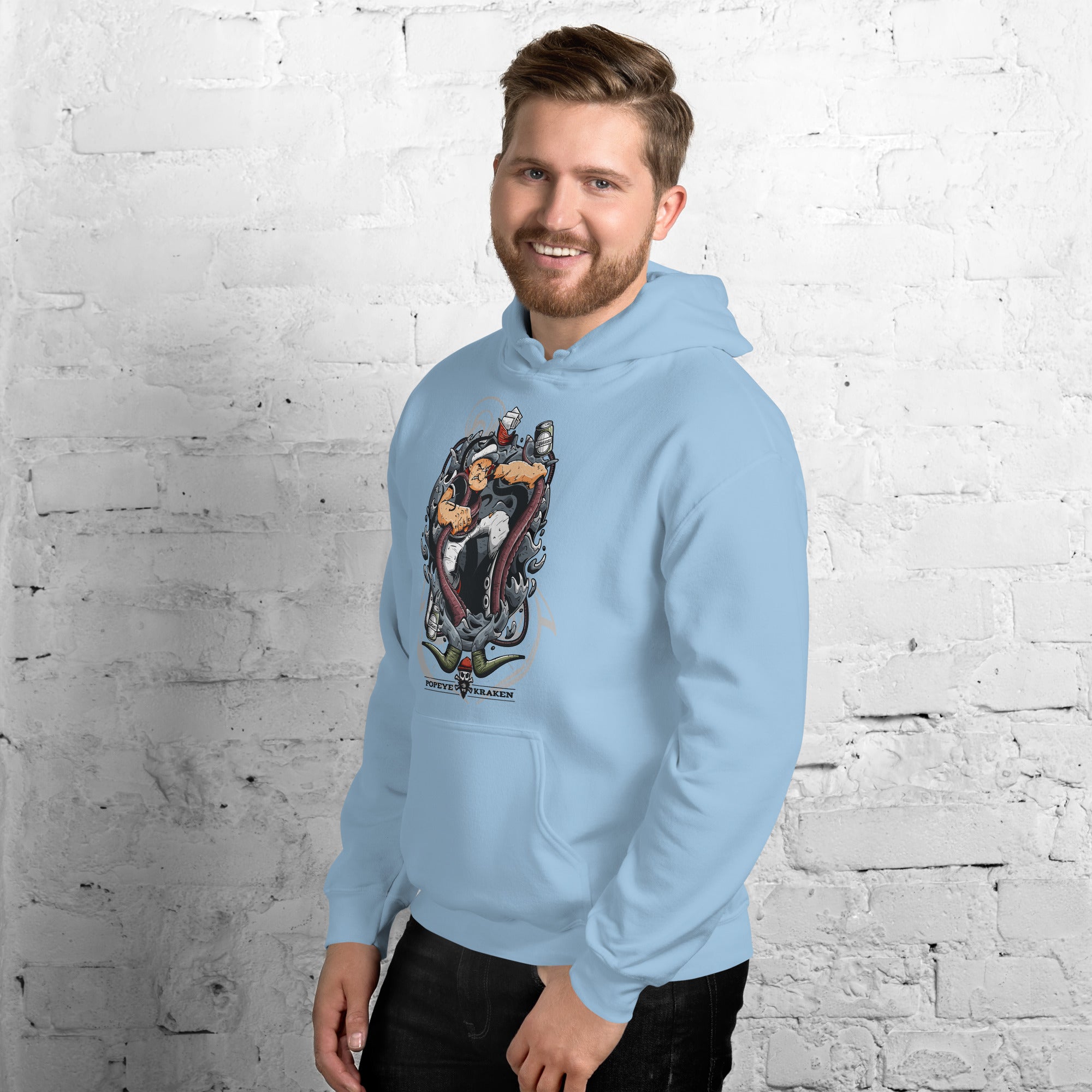 Felpa Stampata Unisex con Cappuccio – Morbida – Design Popeye Vs Kraken-Biiply