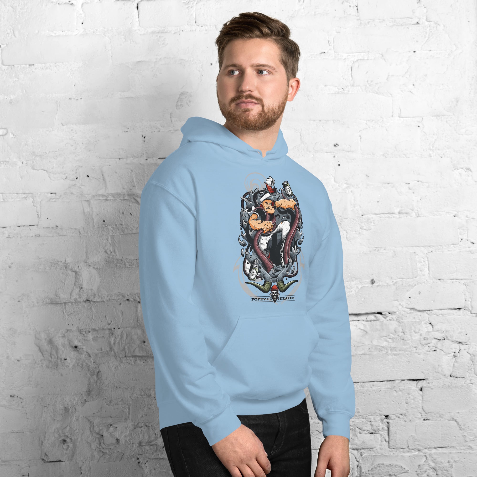 Felpa Stampata Unisex con Cappuccio – Morbida – Design Popeye Vs Kraken-Biiply