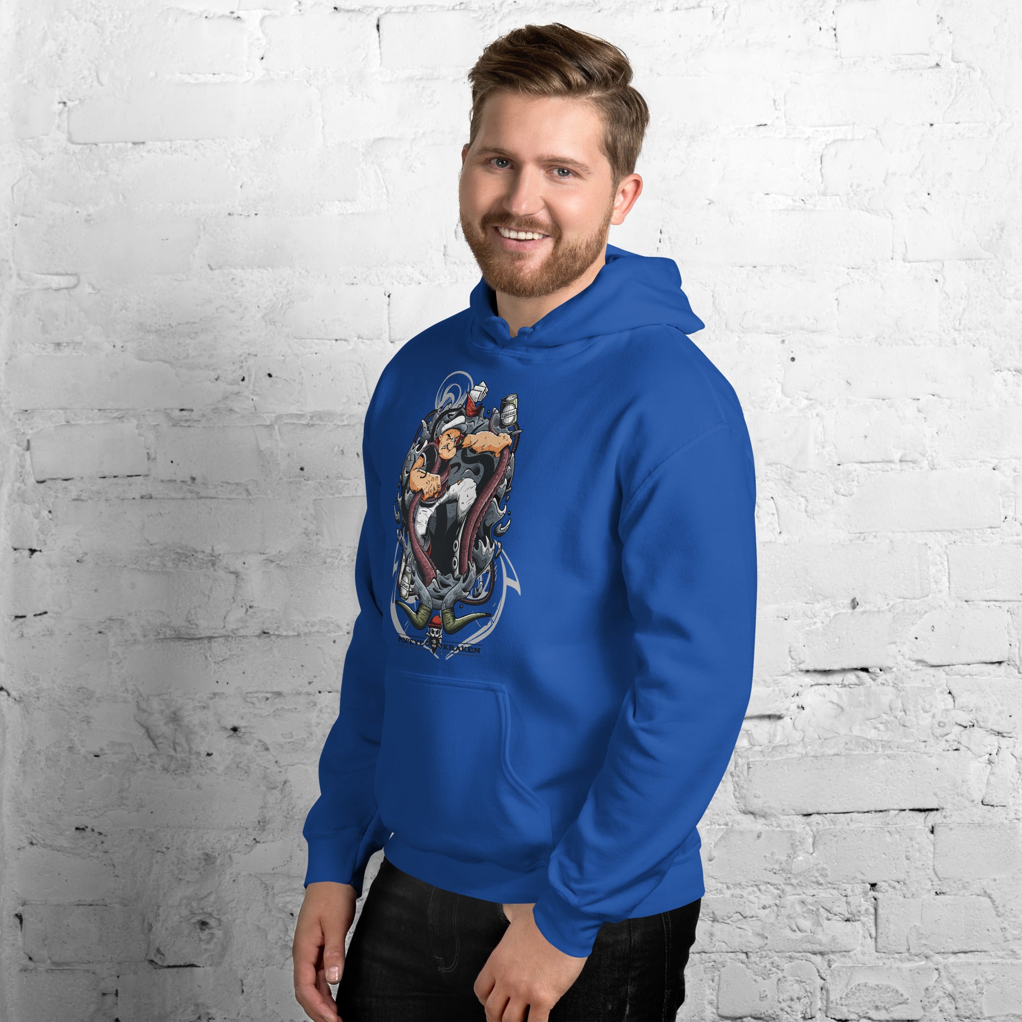 Felpa Stampata Unisex con Cappuccio – Morbida – Design Popeye Vs Kraken-Biiply